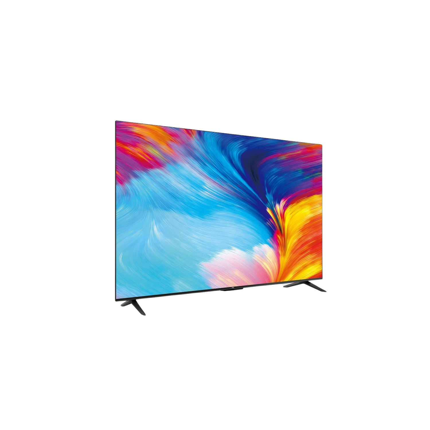 Een televisie met een kleurrijke abstracte afbeelding op een zwarte achtergrond wordt weergegeven.