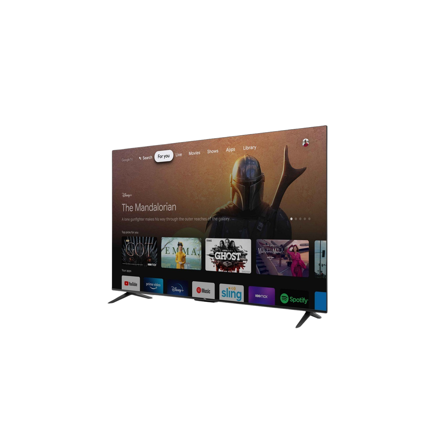 Een strakke zwarte tv, zijaanzicht, met een dun profiel en standaard.