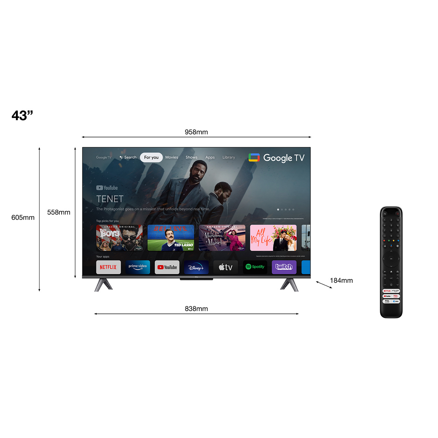 Een tv met afmetingen weergegeven, een afstandsbediening en een streaming-apps-interface.