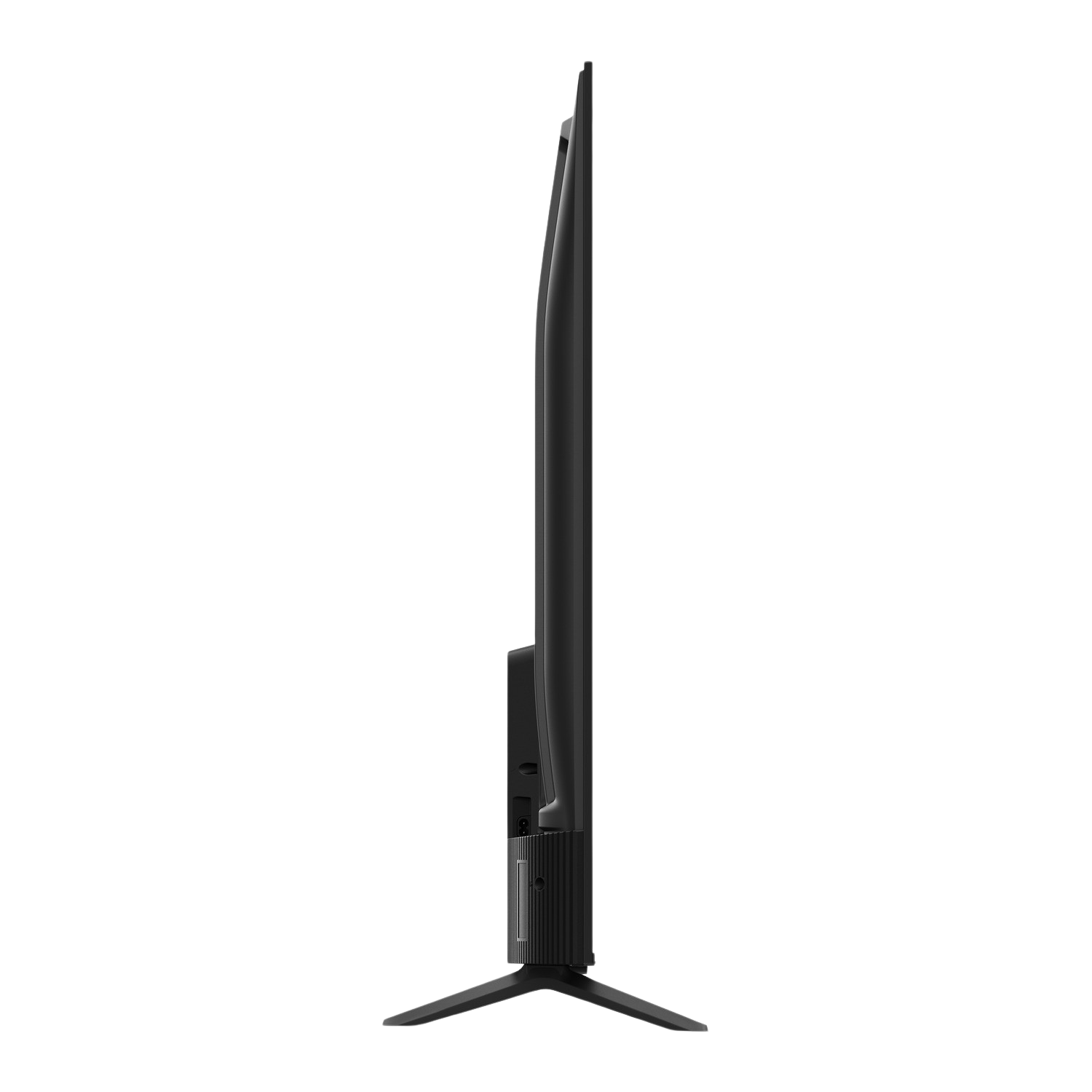 Zijaanzicht van een zwarte tv met een standaard.
