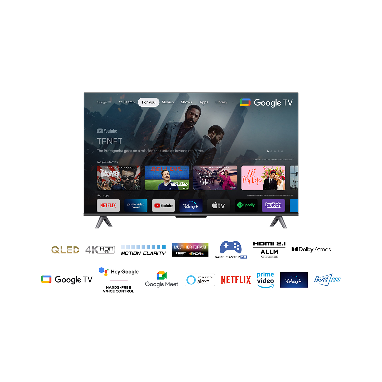 Een tv met Google TV-interface en verschillende apps. Onderin logo's voor functies en apps.