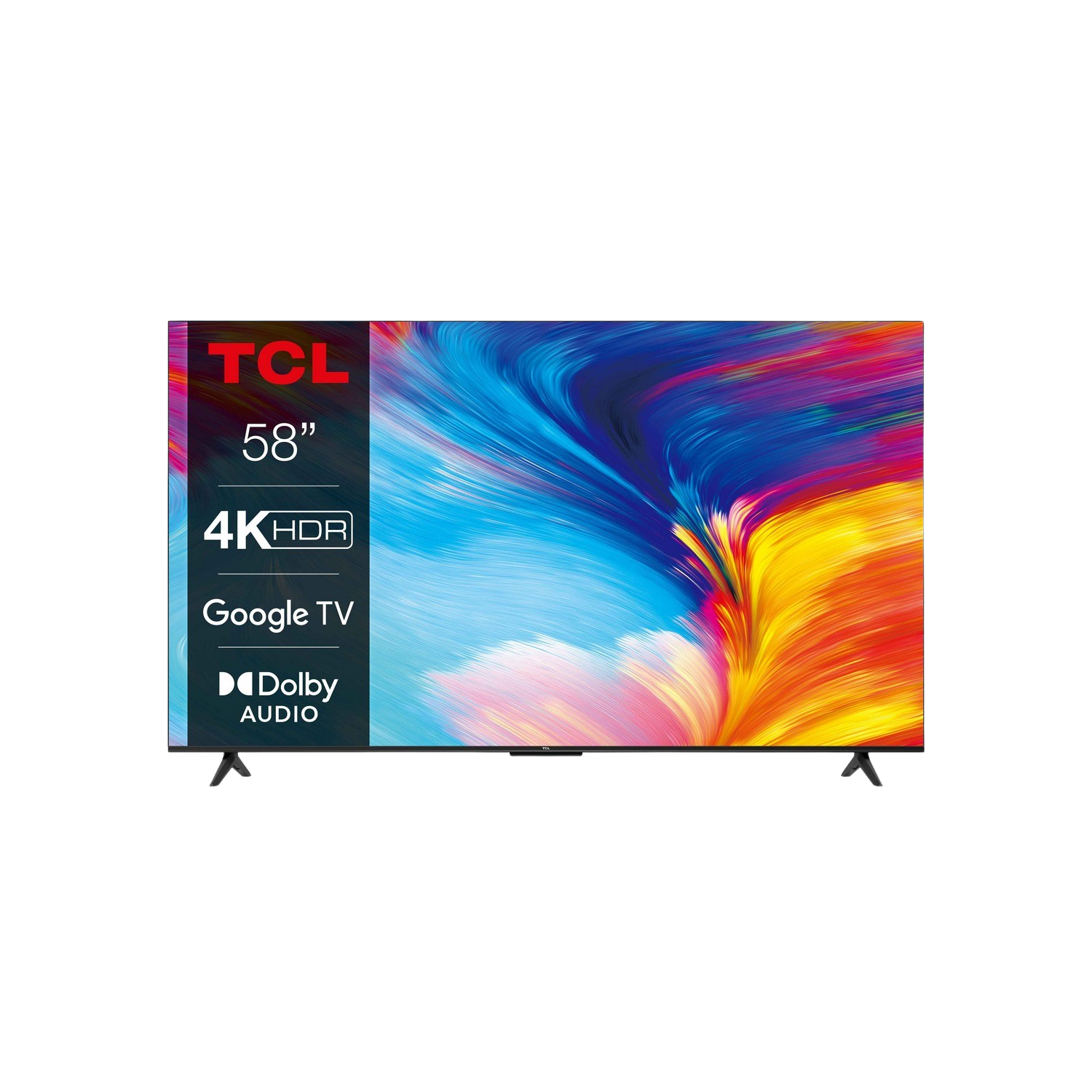 Een TCL 58" 4K HDR Google TV die kleurrijke abstracte kunst toont. De tv staat op een zwart oppervlak.