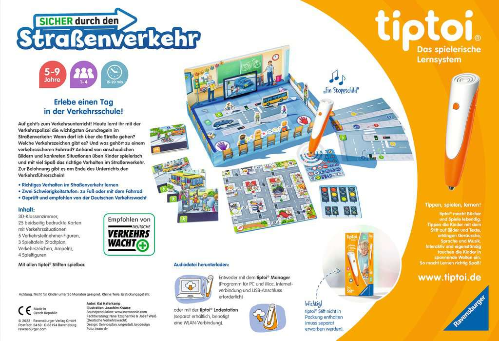 Lernspiel mit Spielmatte und Stift. Das Spiel zeigt Straßen, Gebäude und einen Bus.