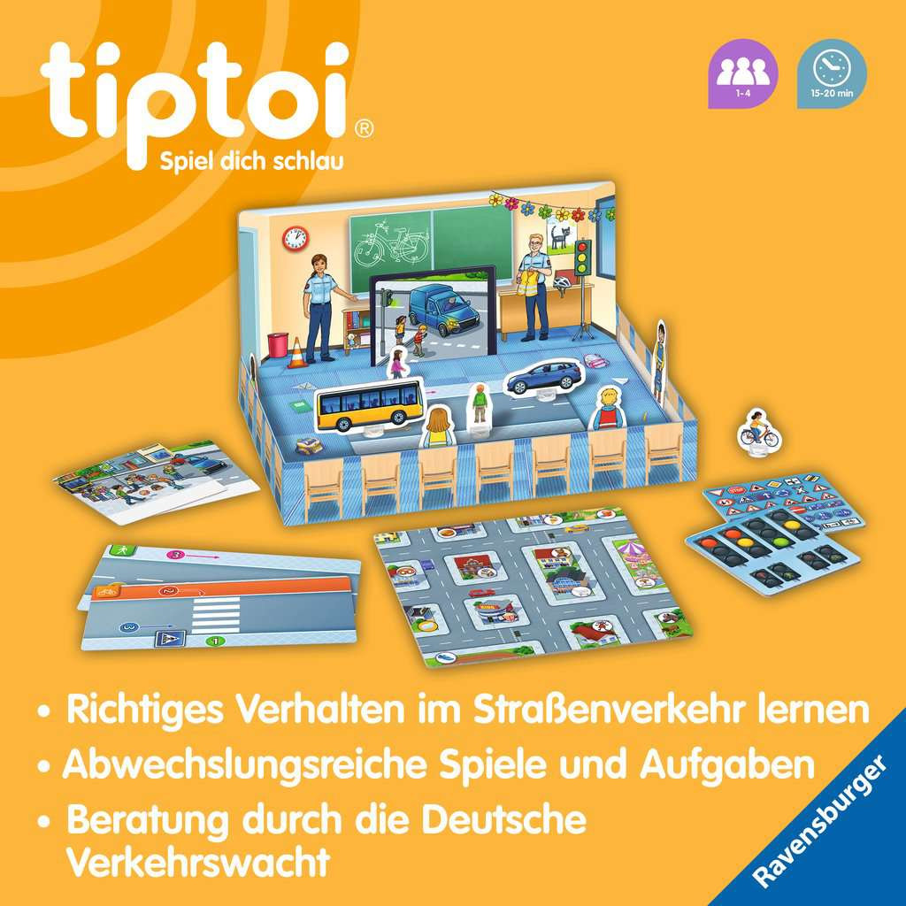 Ein Kinderspiel mit einer Straßenszene mit Spielzeugautos und Figuren und Text.