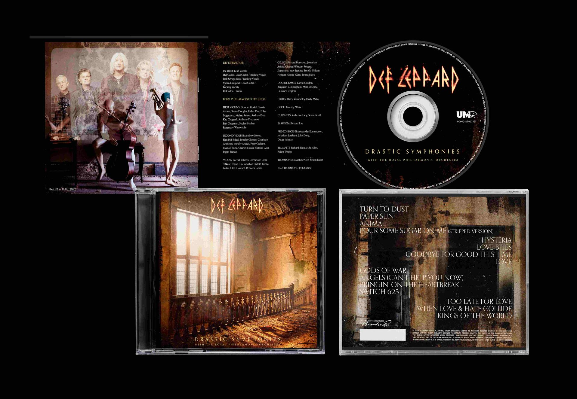 Albumcover und CD von Def Leppard mit Drastic Symphonies. Enthält Bandmitglieder und ein Gemälde eines Raumes.