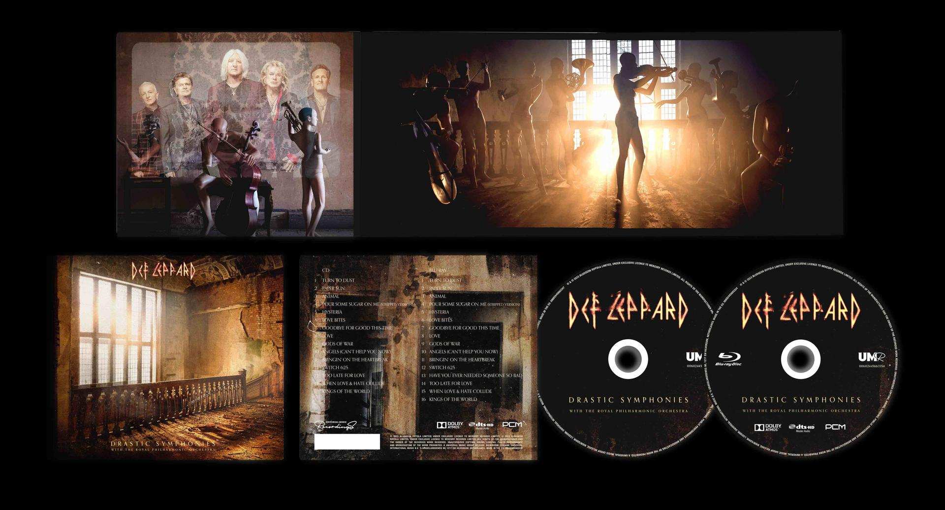 Def Leppard Albumcover mit Bildern der Band, des Orchesters und Album-Artwork auf weißem Hintergrund.