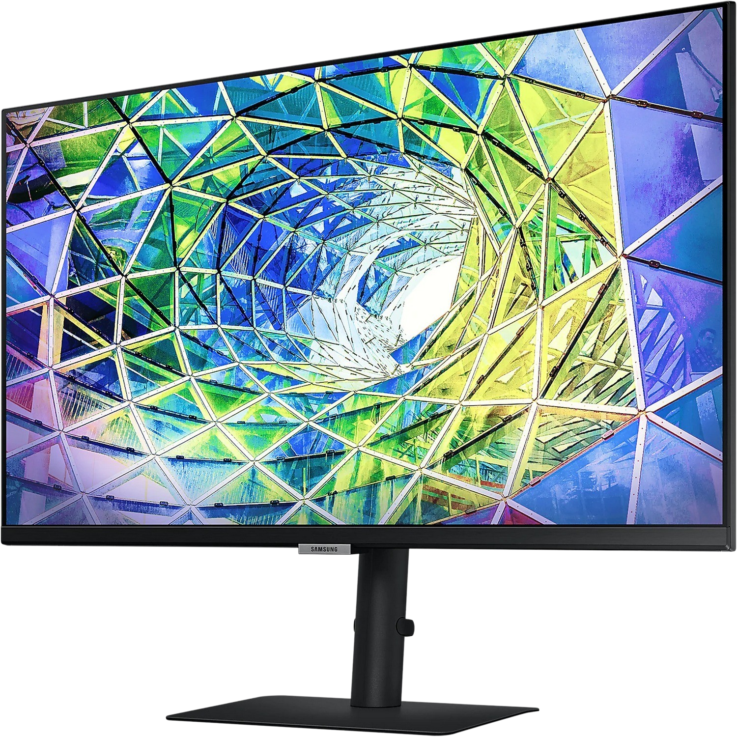 Een Samsung-monitor toont een kleurrijk, geometrisch patroon van blauwe, groene en gele vormen. Het scherm staat op een zwarte achtergrond.