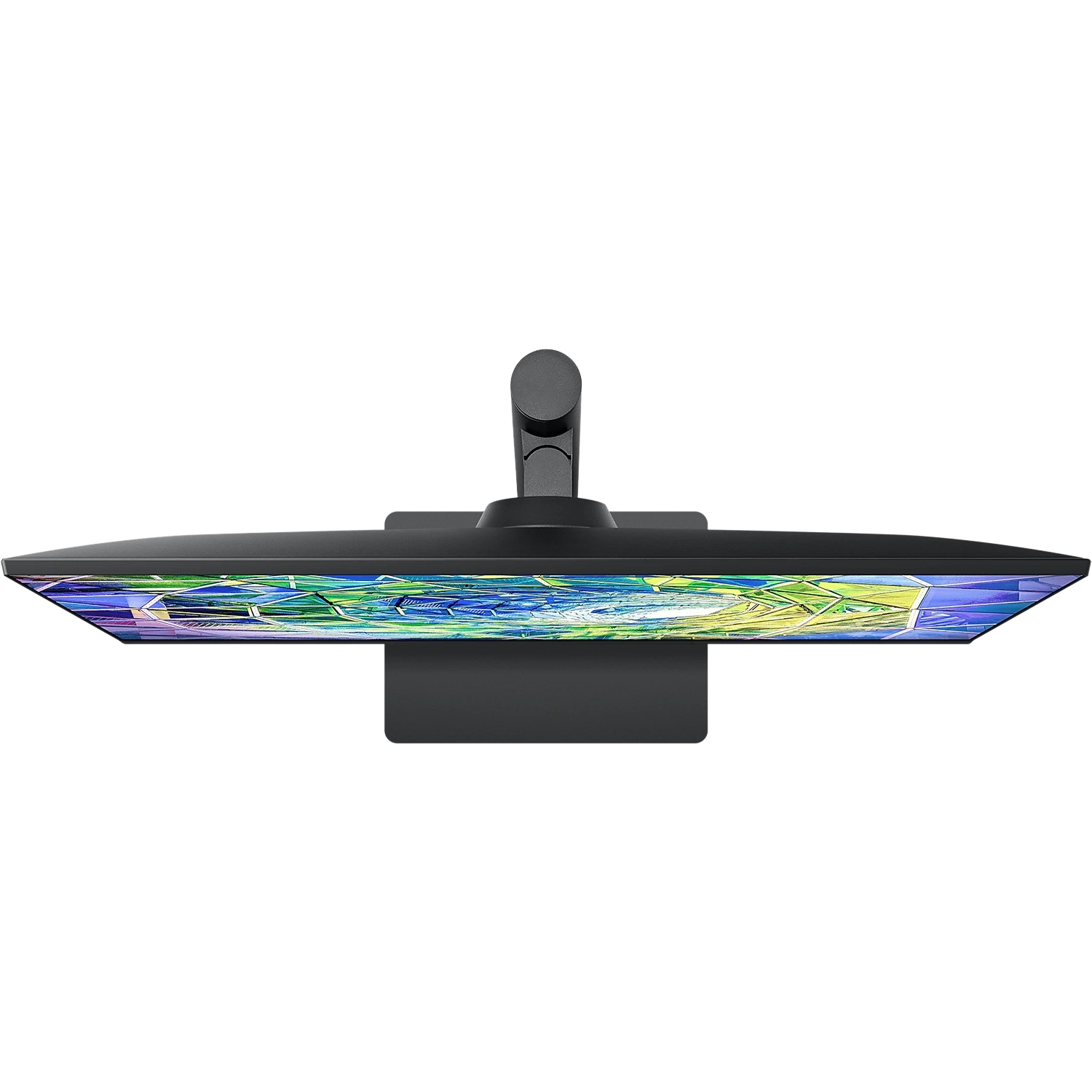 Bovenaanzicht van een monitor. Het scherm toont een kleurrijk, abstract patroon. De monitor is zwart, met een standaard en een ronde aanpassing.