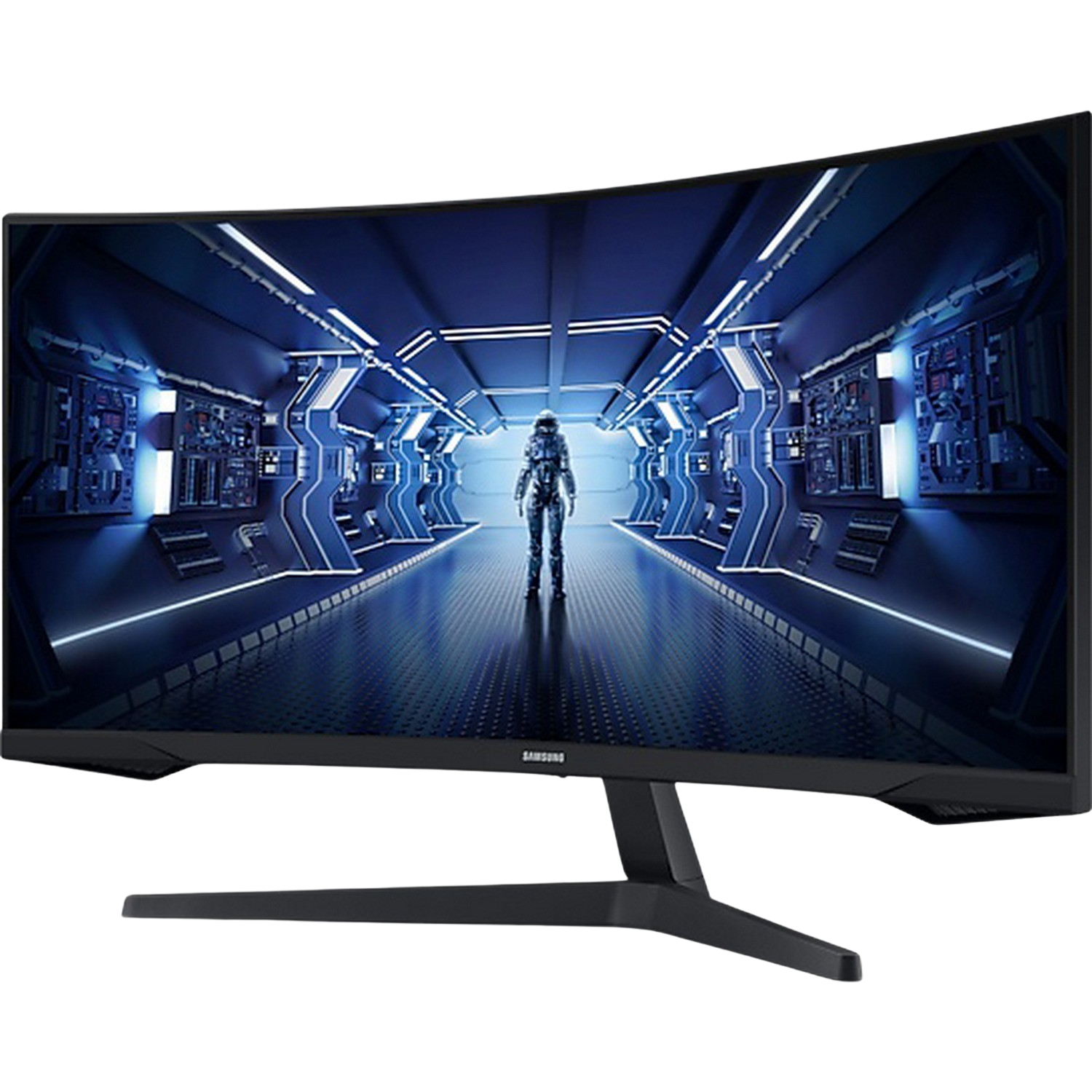 A curved computer monitor displaying a futuristic scene of a space station.