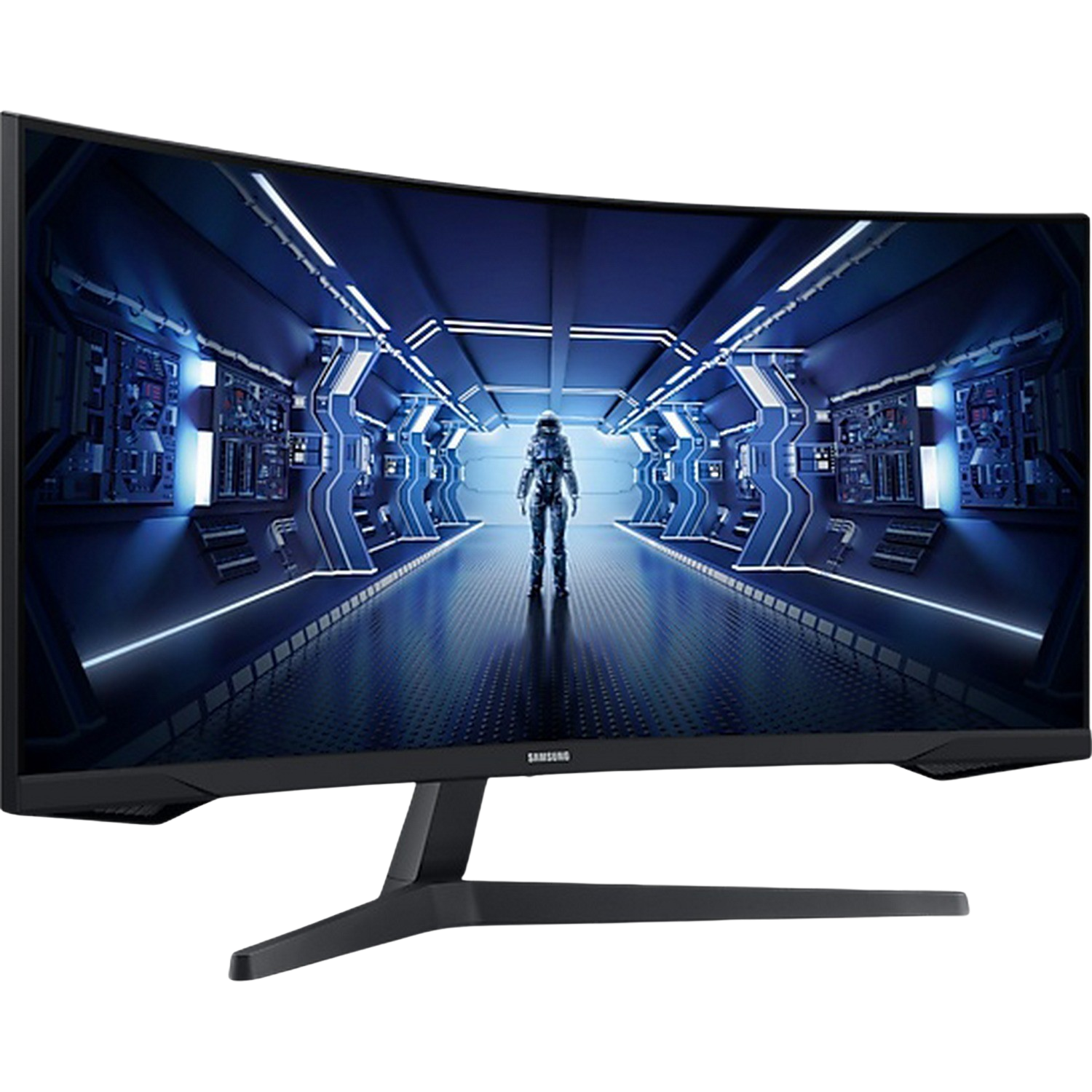 Curved Samsung monitor, astronaut on the screen, black stand.