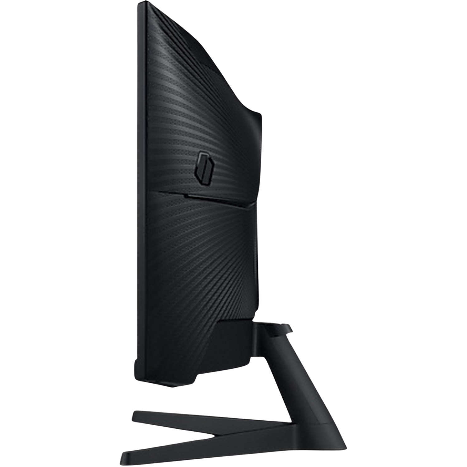 Black curved computer monitor, side view, on black background.