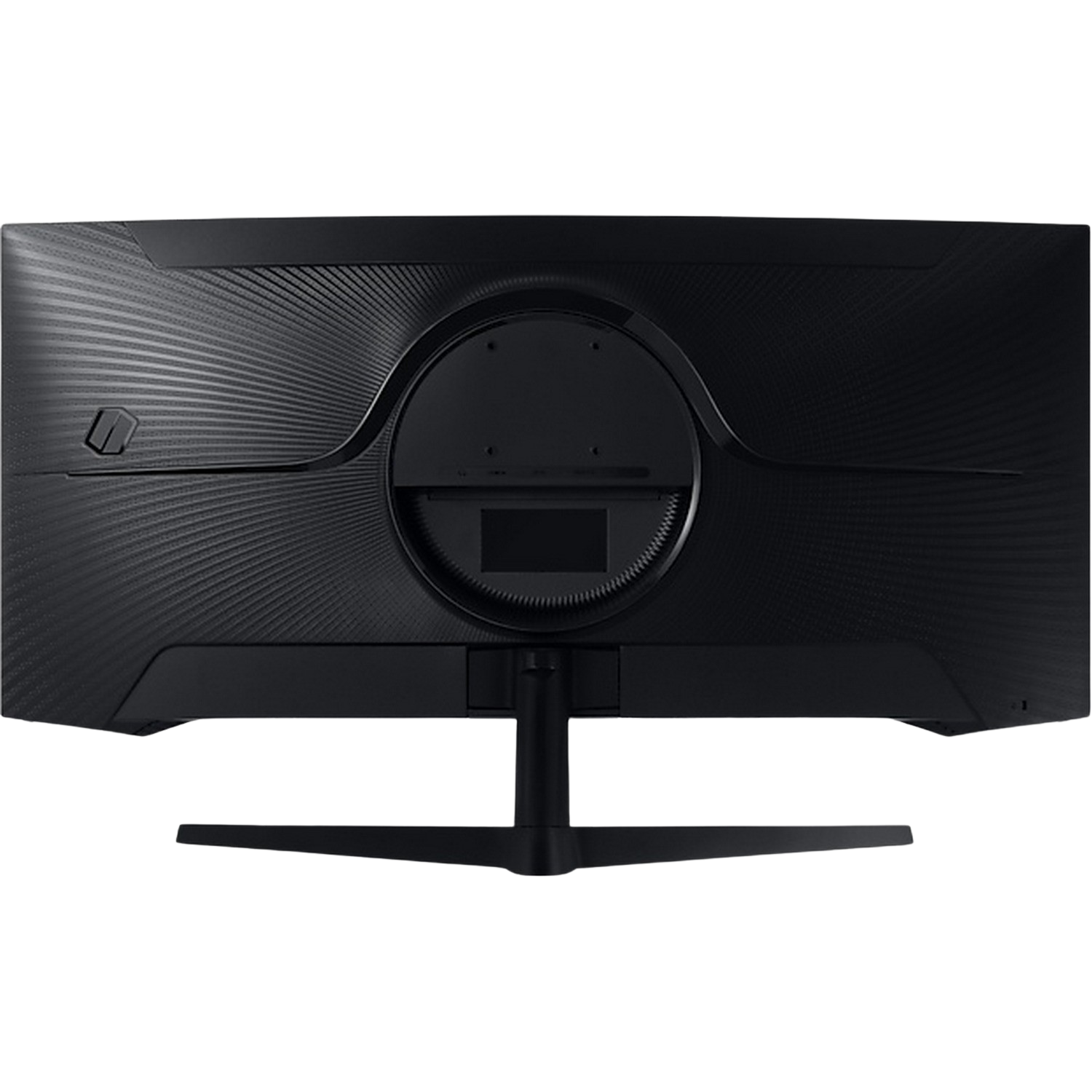 Back view of a black curved computer monitor with a stand.
