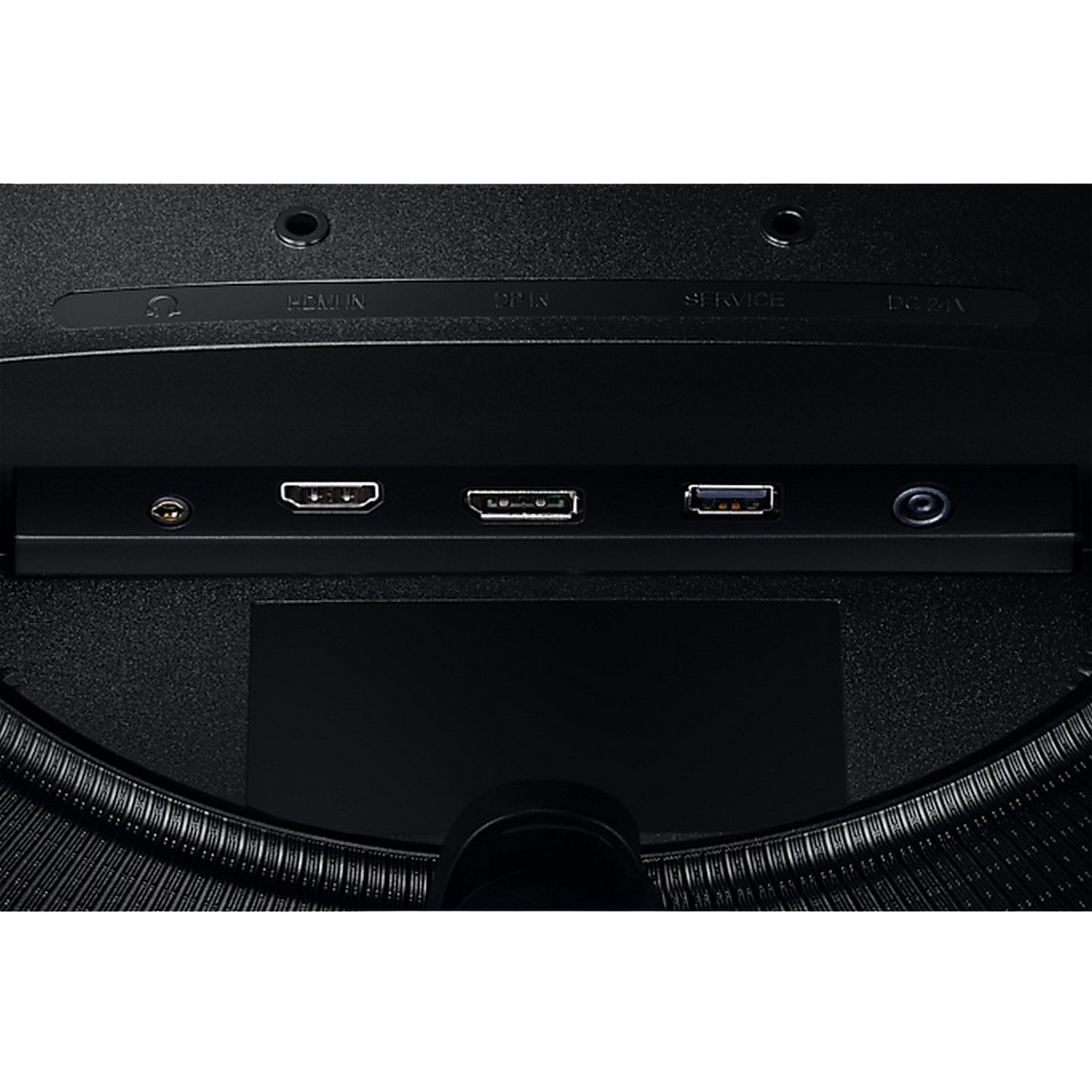 Back panel of a black monitor. Shows ports for HDMI, DP, and USB, along with other connectors.
