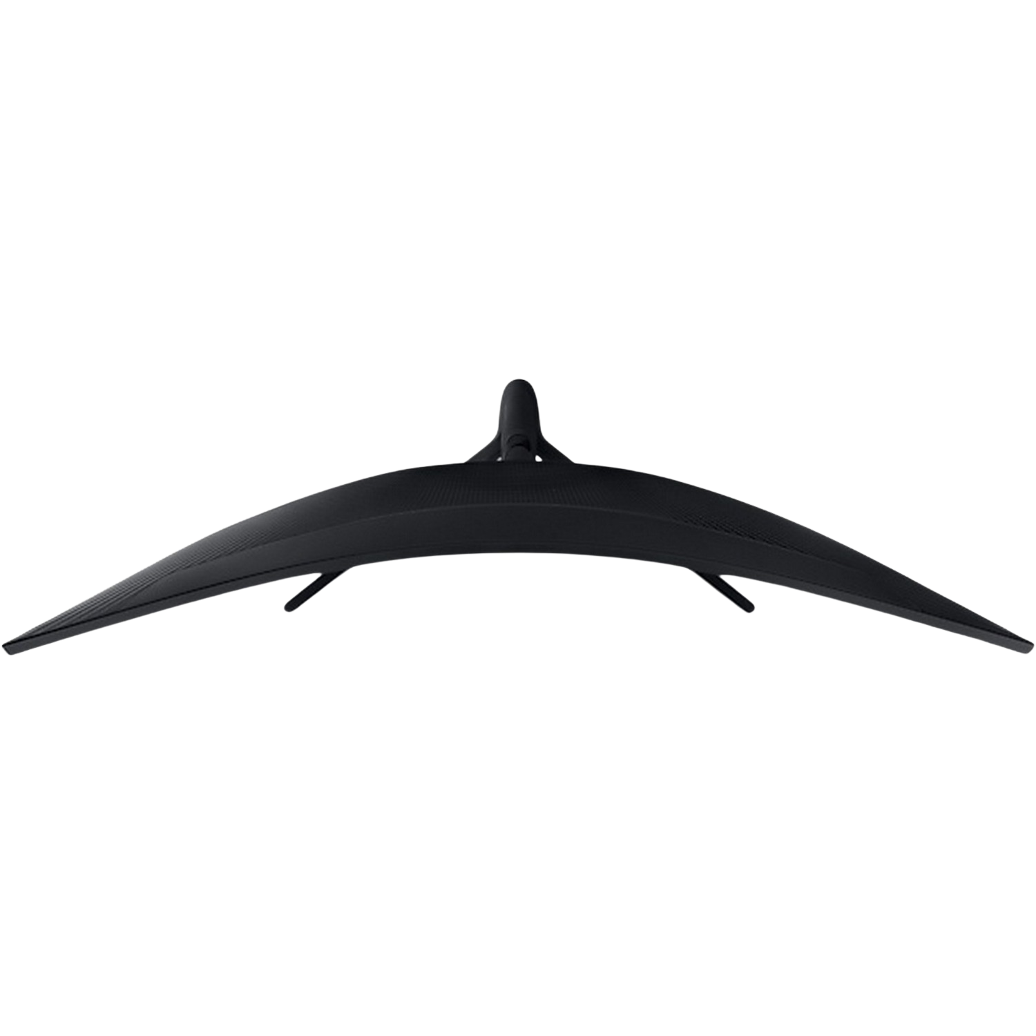 A curved monitor stand, black, on a black background.