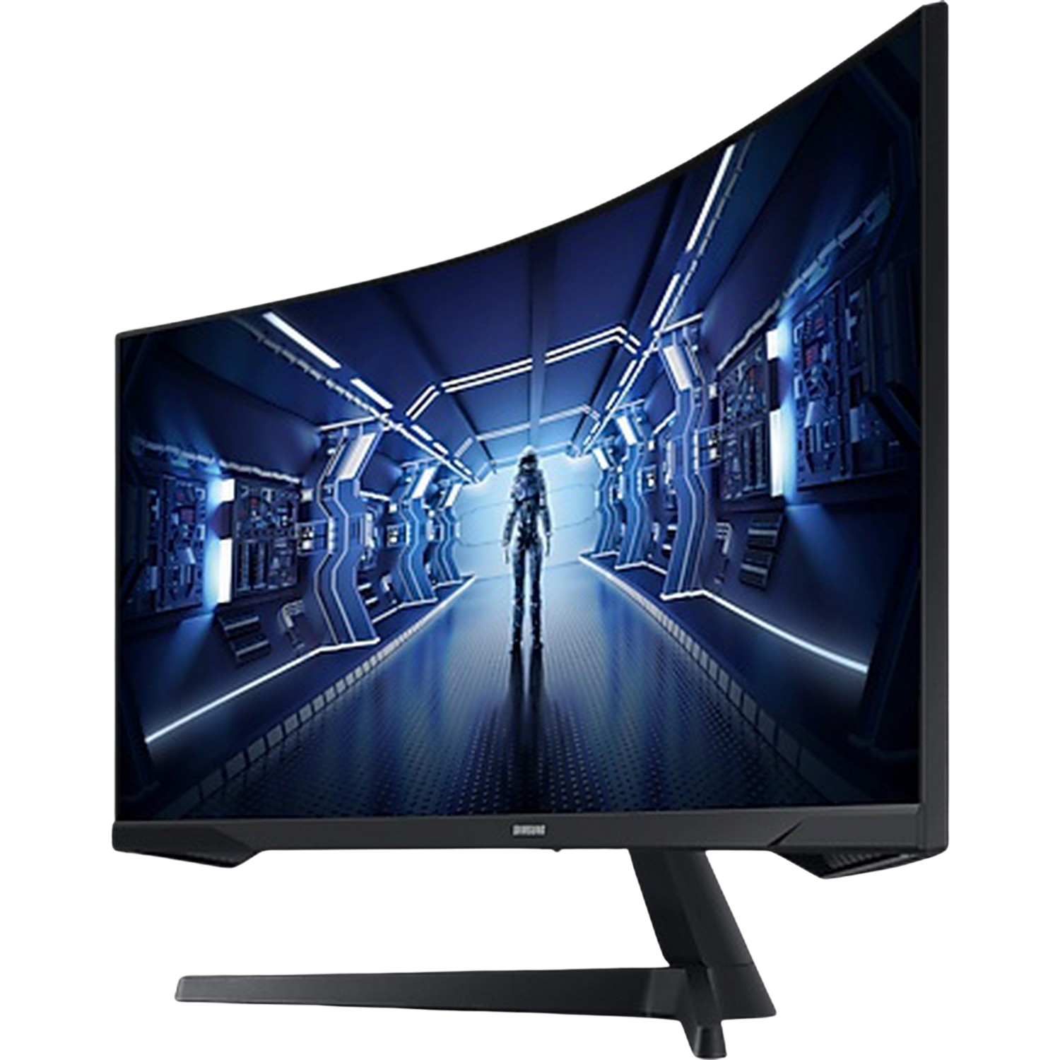 Curved monitor displaying a futuristic scene with a figure.