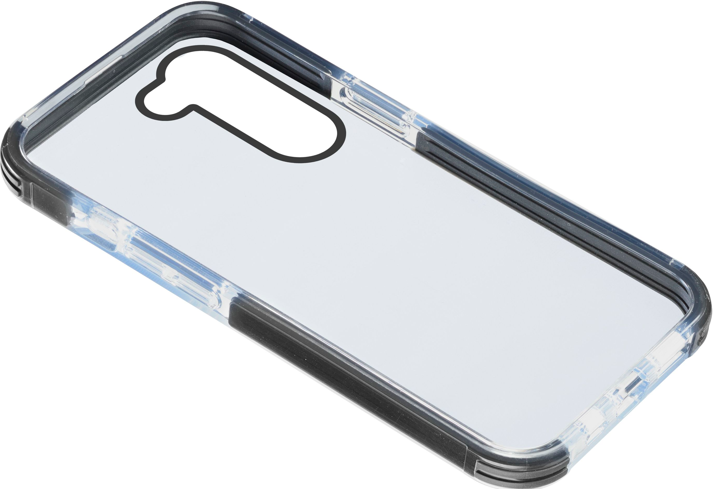 Coque de téléphone transparente avec bordure noire et découpe pour caméra, sur fond blanc.