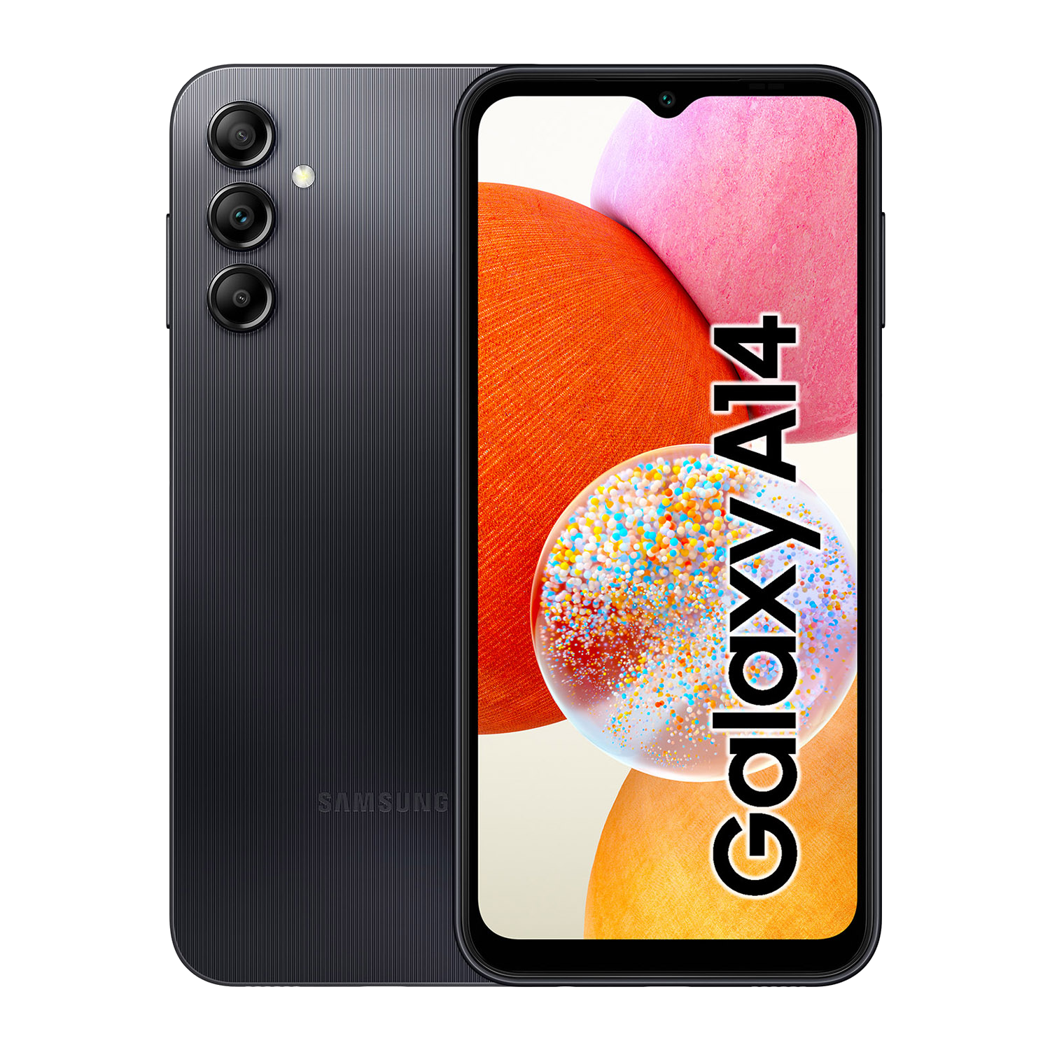 Un teléfono negro con el logo Galaxy A14 en la pantalla. Tiene tres cámaras traseras.
