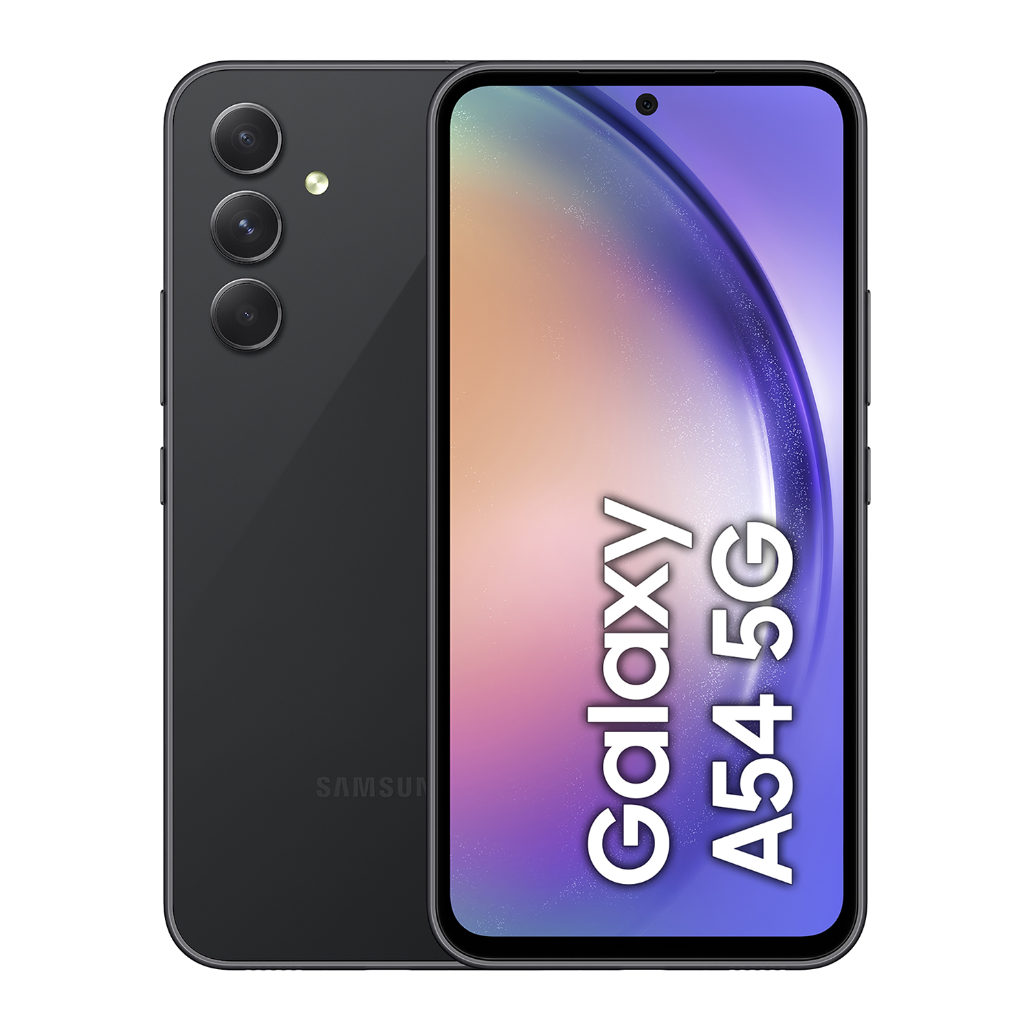 Teléfono negro Samsung Galaxy A54 5G, vistas trasera y frontal, con gráficos en pantalla.