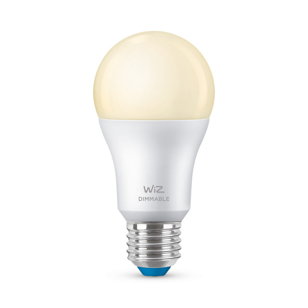 Bombilla LED blanca con base azul. Aislada sobre fondo blanco.