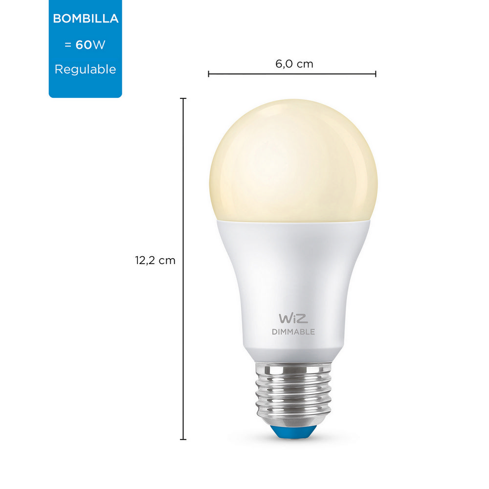 Una bombilla blanca con base azul. Texto en la caja: 'BOMBILLA = 60W Regulable'. La bombilla mide 12,2 cm de alto.