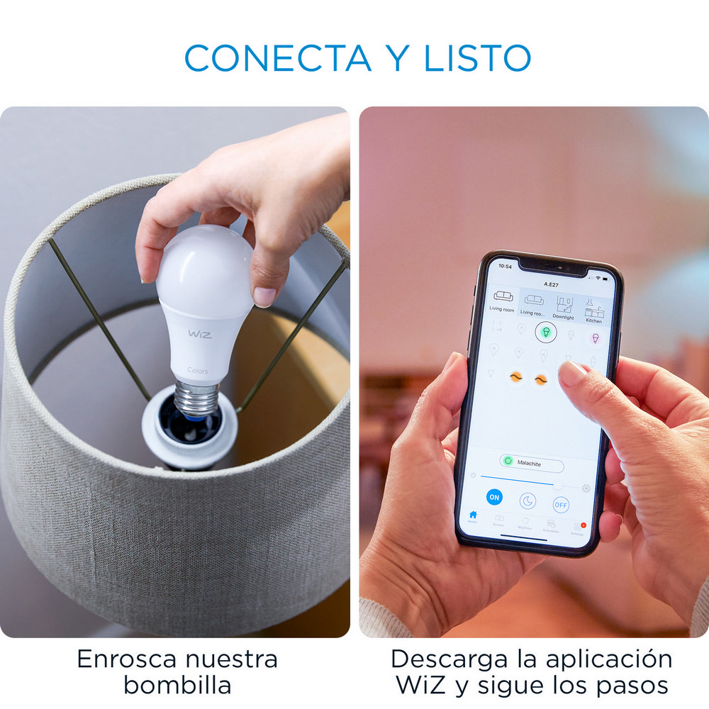 Una persona atornillando una bombilla en una lámpara y un teléfono que muestra una aplicación de hogar inteligente.