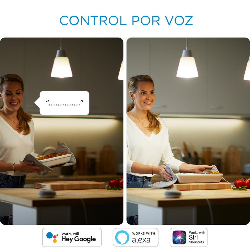 Dos imágenes: mujer en cocina. Una sosteniendo plato, otra con plato. Iconos control voz debajo.