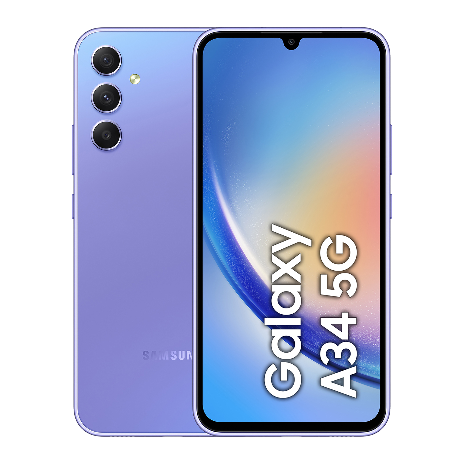 Un teléfono Samsung Galaxy A34 5G en morado. La parte frontal muestra la pantalla con las palabras Galaxy A34 5G.