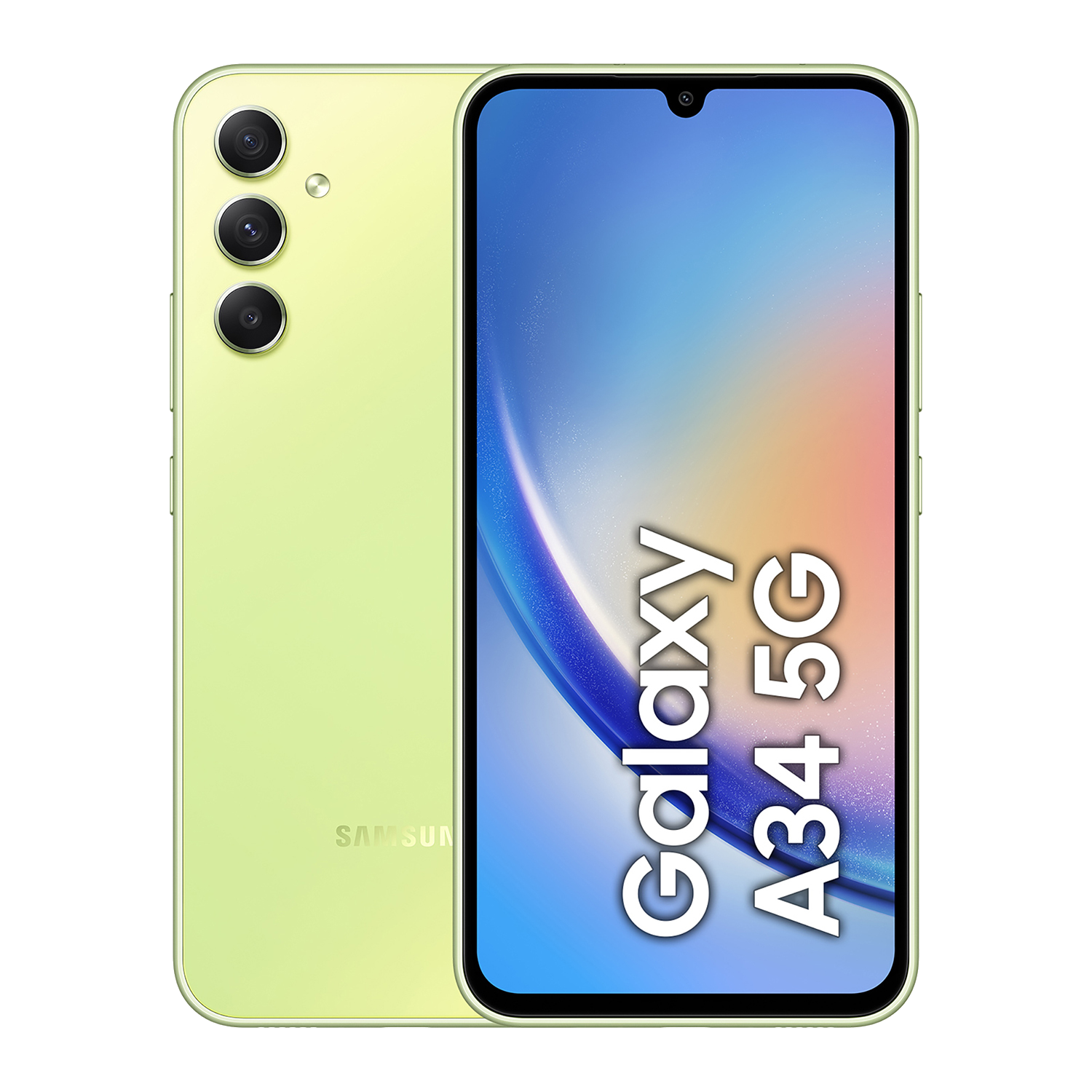 Teléfono Samsung Galaxy A34 5G verde claro, mostrando su pantalla y parte trasera.