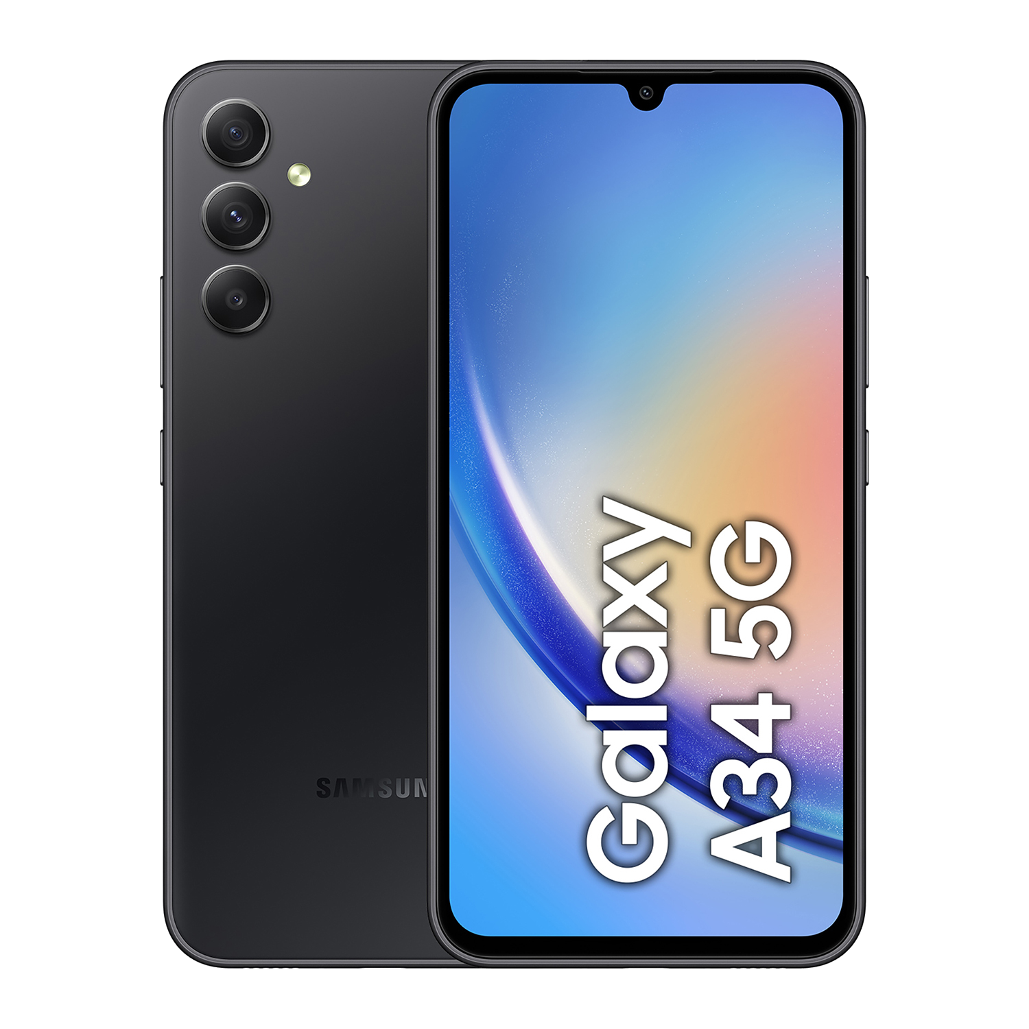 Teléfono inteligente Samsung Galaxy A34 5G negro. La pantalla muestra el logotipo Galaxy A34 5G.