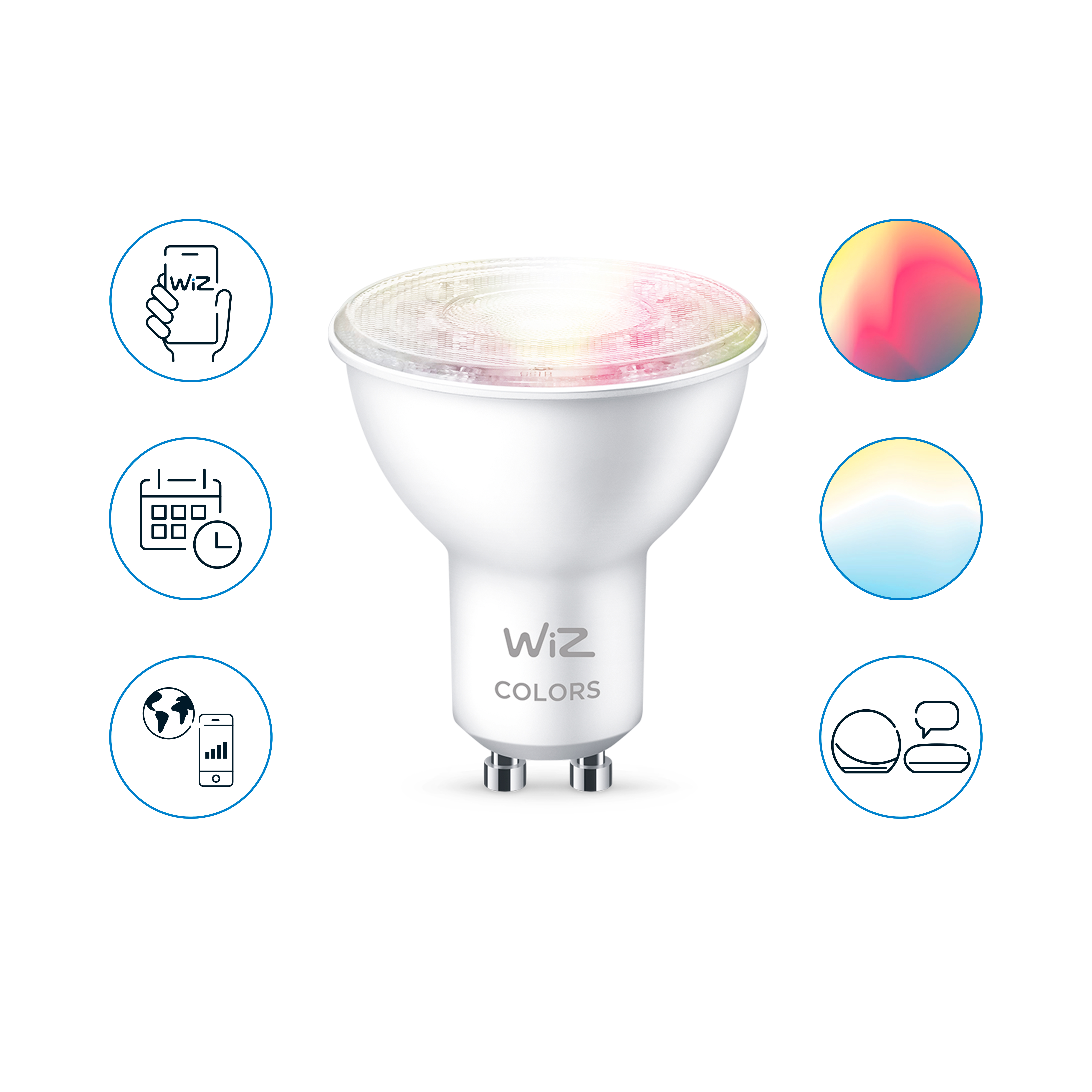 Bombilla inteligente Wiz Colors blanca con iconos que muestran sus funciones y capacidades.