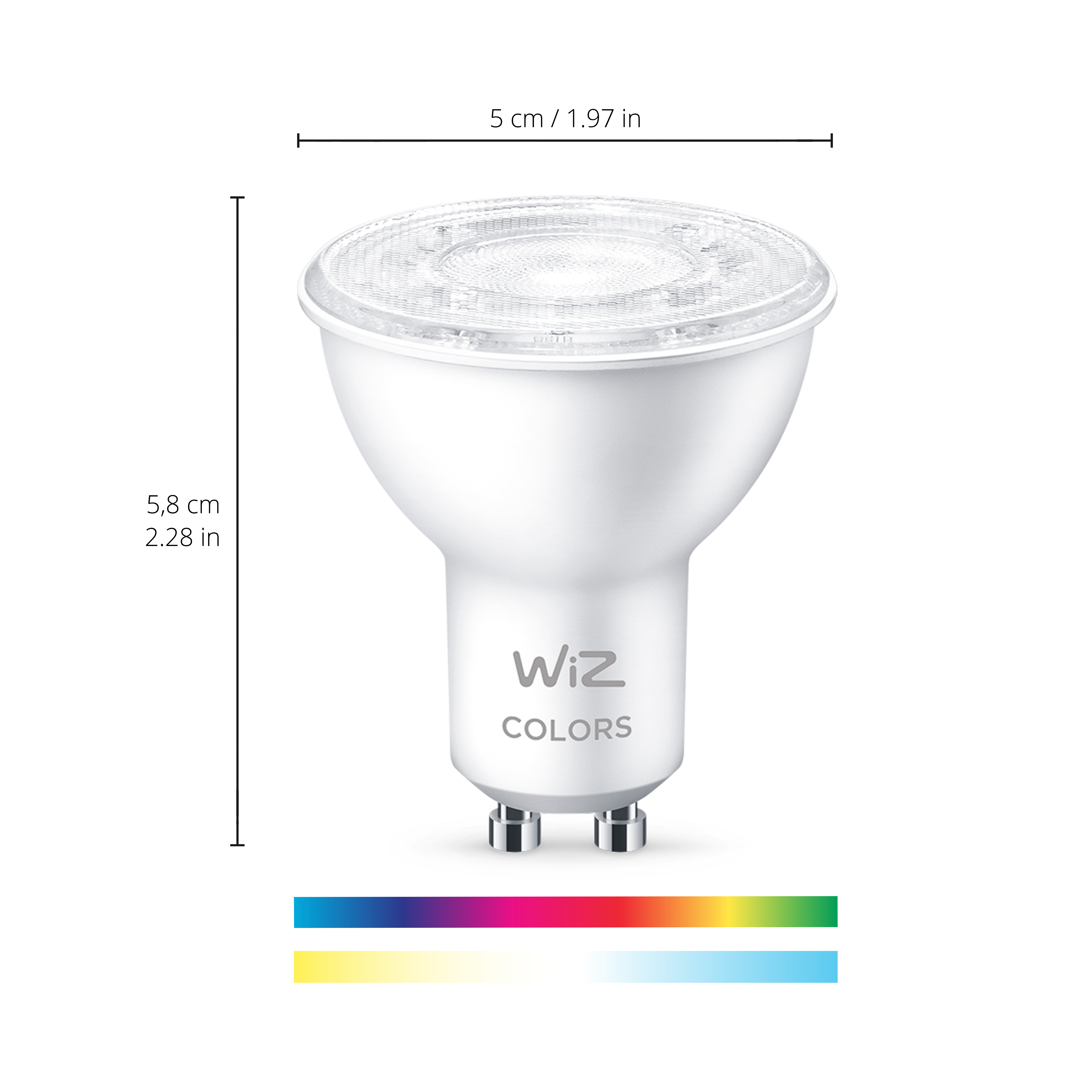Bombilla LED blanca con dimensiones en cm y pulgadas, junto a un espectro de color.