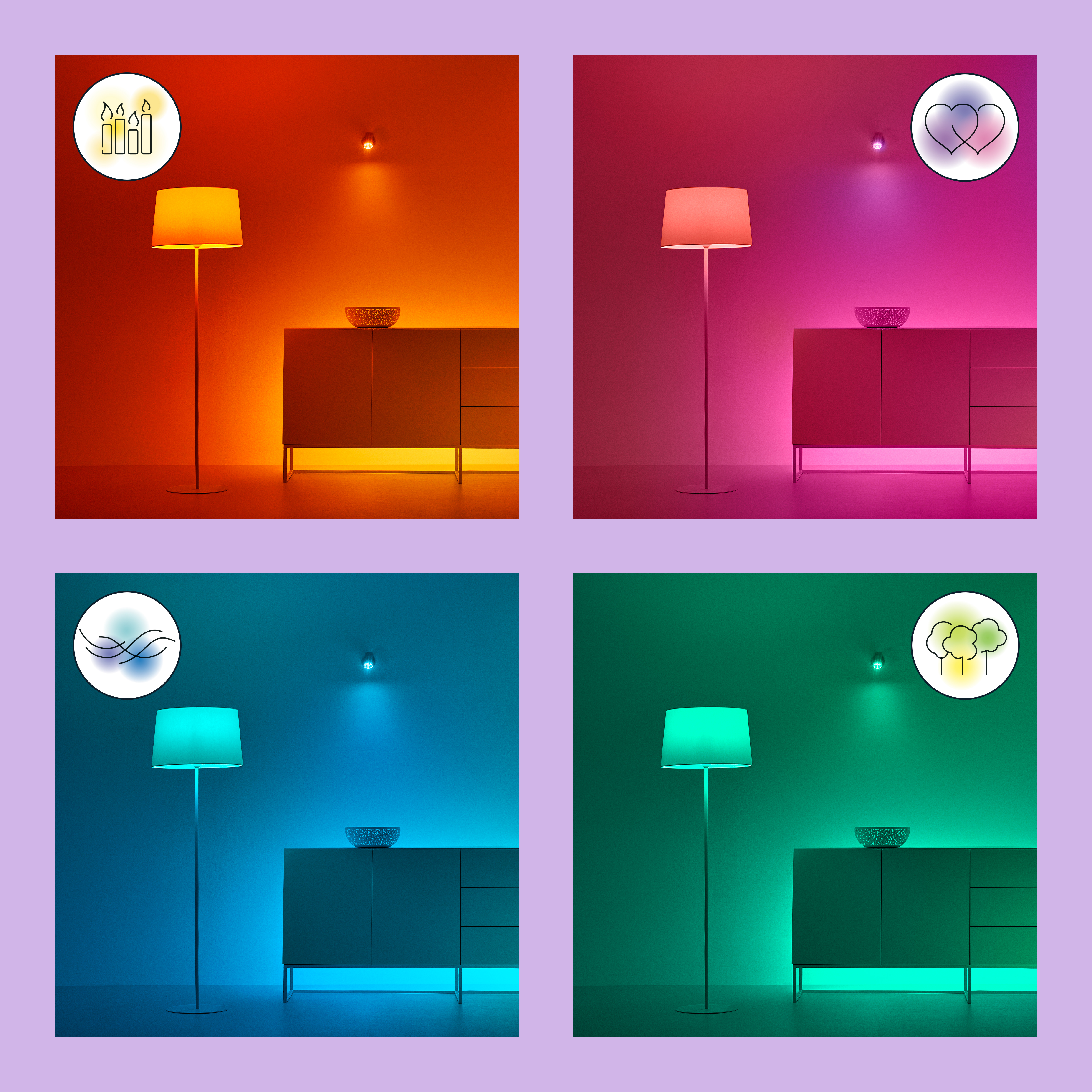 Cuatro imágenes de una lámpara con luz de color. Cada esquina muestra un efecto de color diferente.