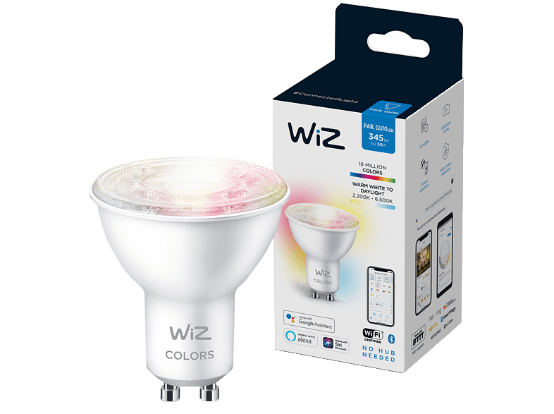 Bombilla inteligente - WiZ 4,9W 345lm GU10, Blanca/color, WiFi, Bluetooth, Control voz, Tecnología SpaceSense