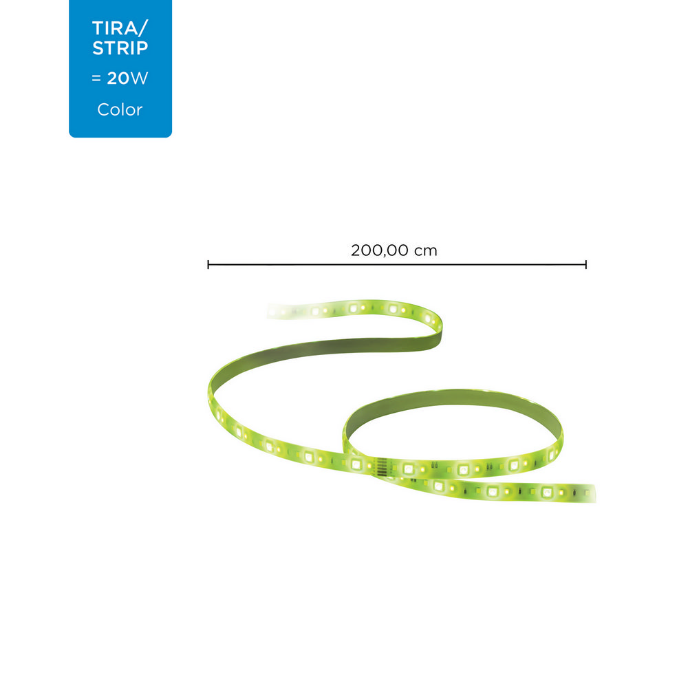 Una tira LED verde enrollada sobre blanco. Texto: TIRA/STRIP = 20W Color, 200,00 cm.