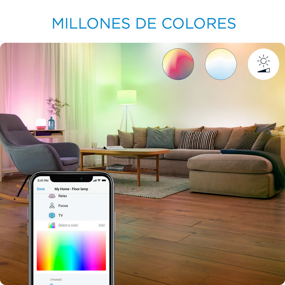 Una escena de sala de estar que muestra iluminación inteligente para el hogar.