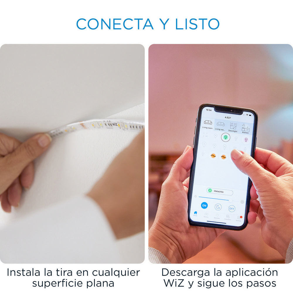 Manos instalando una tira de luz en una pared. Un teléfono muestra una aplicación de control.