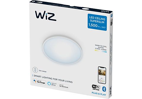 Lámpara inteligente - WiZ SuperSlim, 16W 1500 lm, WiFi, Blanca regulable, Control voz, Tecnología SpaceSense