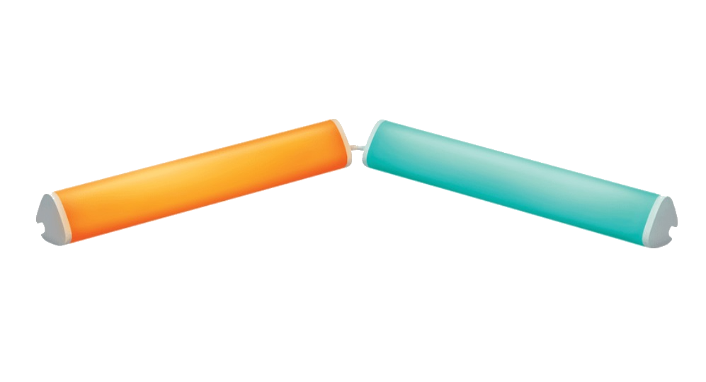 Dos tubos naranja y verde azulado en ángulo, uno del otro, contra un fondo negro.