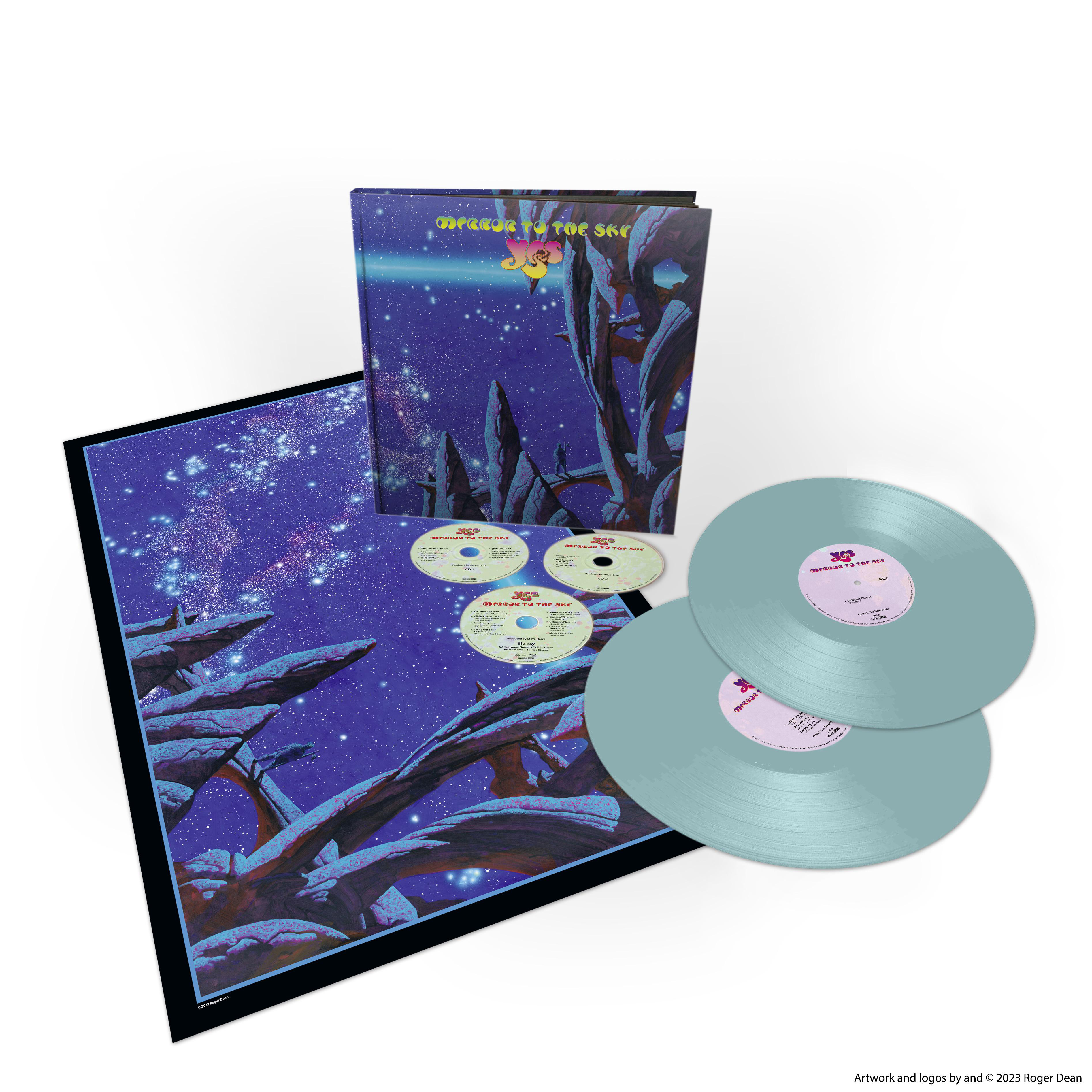 Albumcover, 3 Vinylplatten und ein Poster mit Weltraum-Themen-Kunststil.