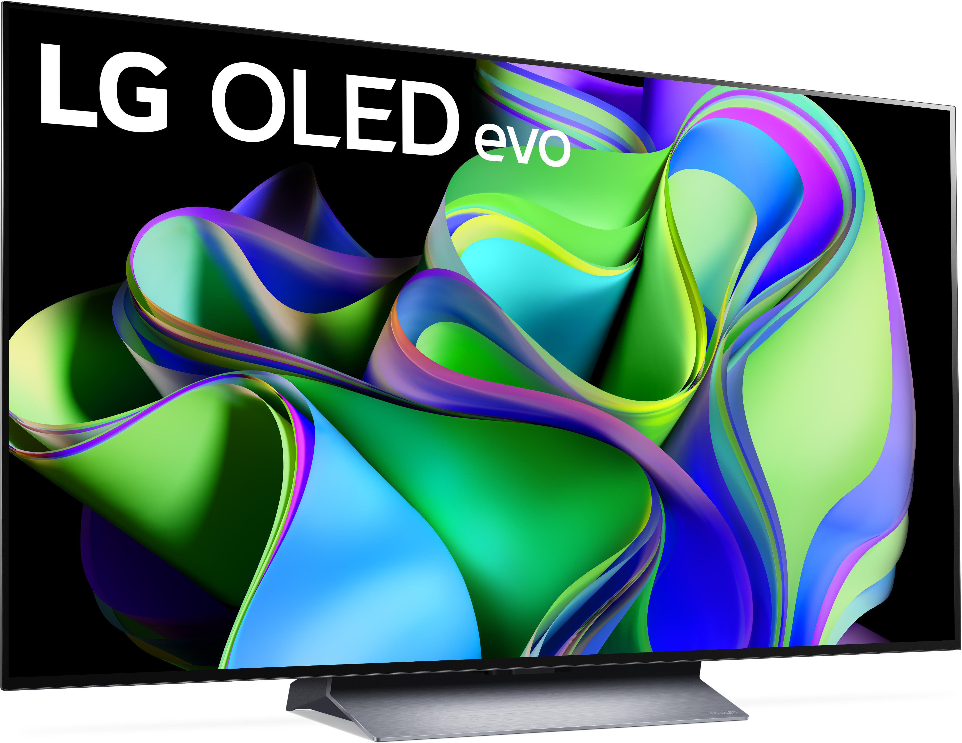 LG OLED evo TV mit farbenfroher abstrakter Anzeige und LG-Logo.