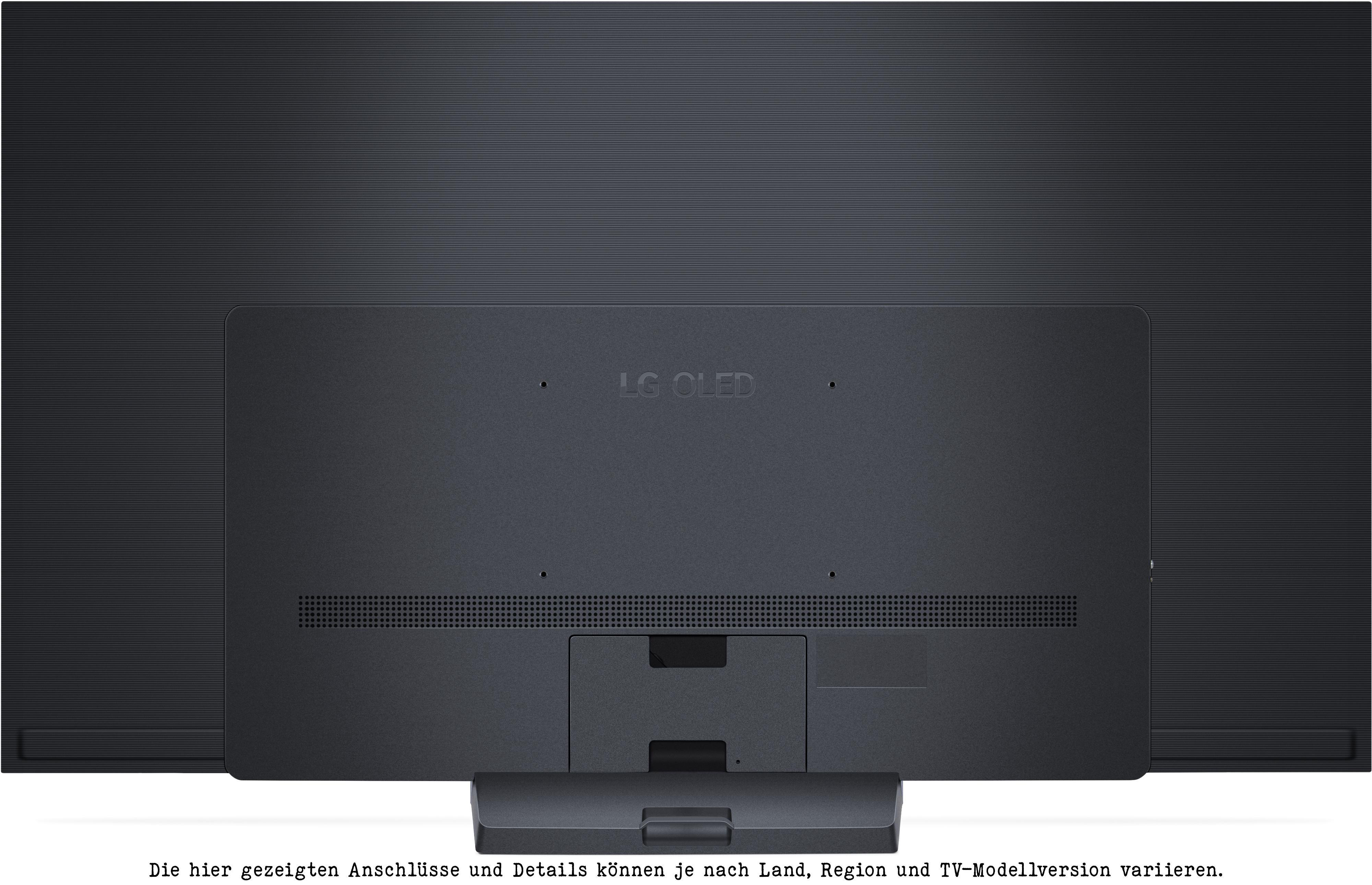 Rückseite eines schwarzen LG OLED-Fernsehers mit Ständer. LG OLED-Logo oben.