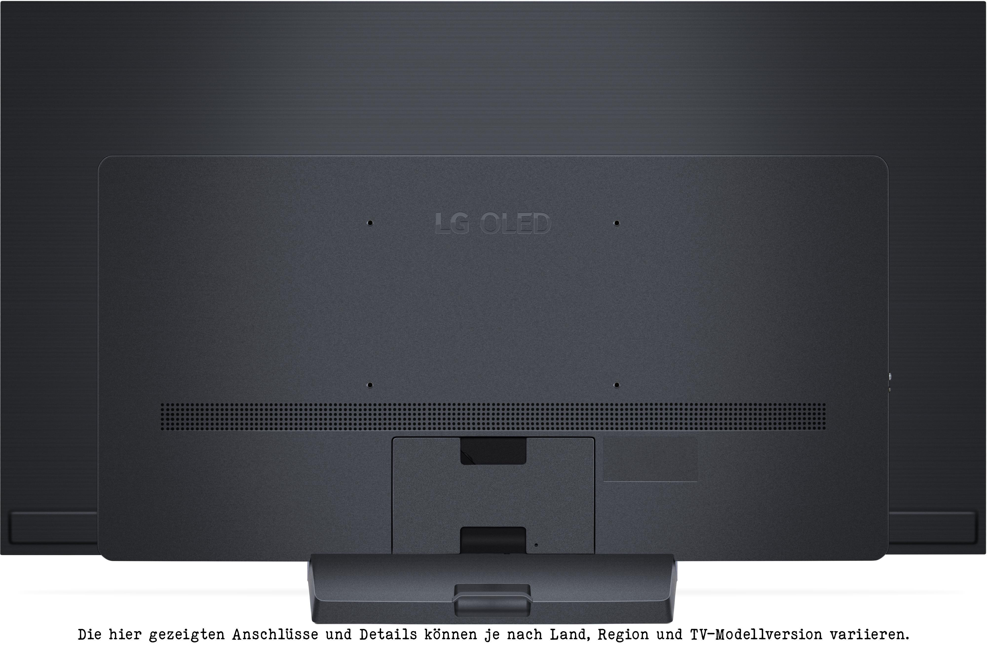 Die Rückseite eines schwarzen LG OLED-Fernsehers mit dem LG OLED-Logo.