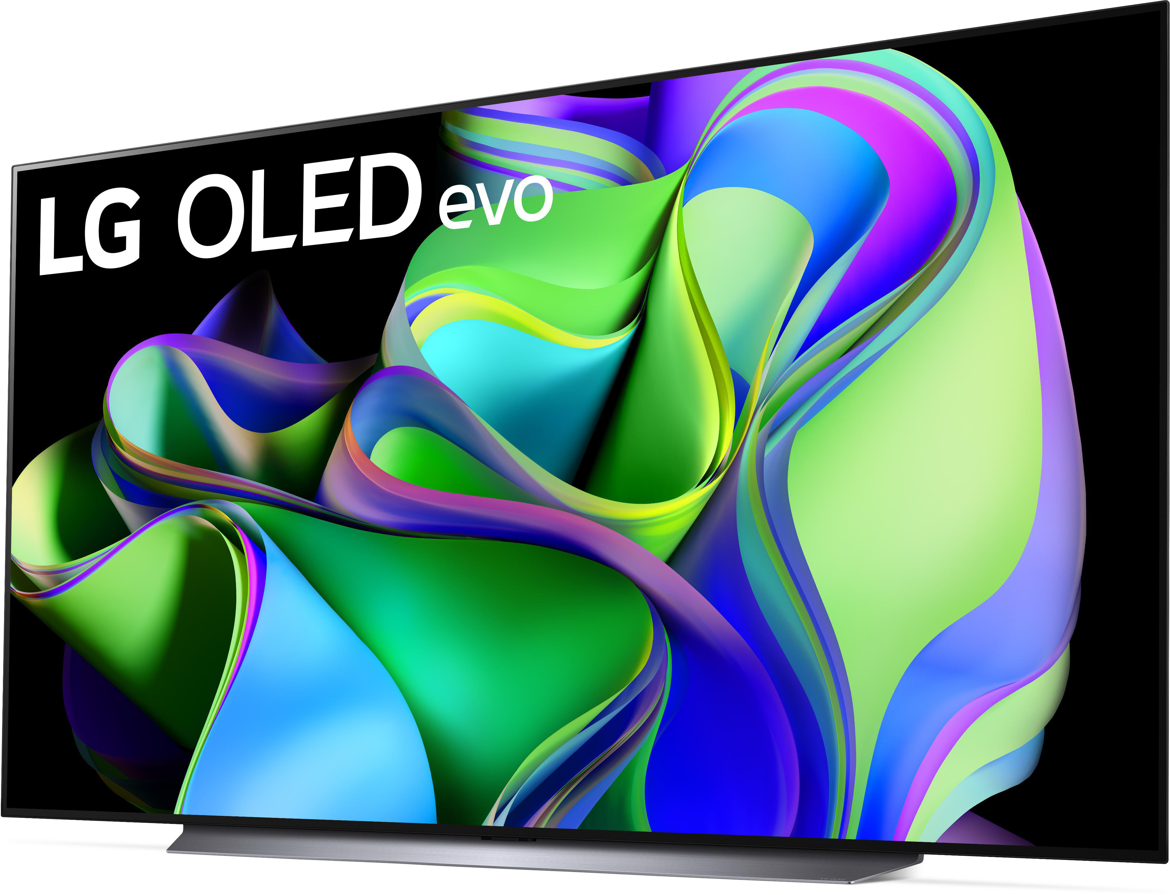 LG OLED evo TV-Bildschirm zeigt farbenfrohe abstrakte Kunst. Der Fernseher steht auf einem Ständer. Der Hintergrund ist schwarz.