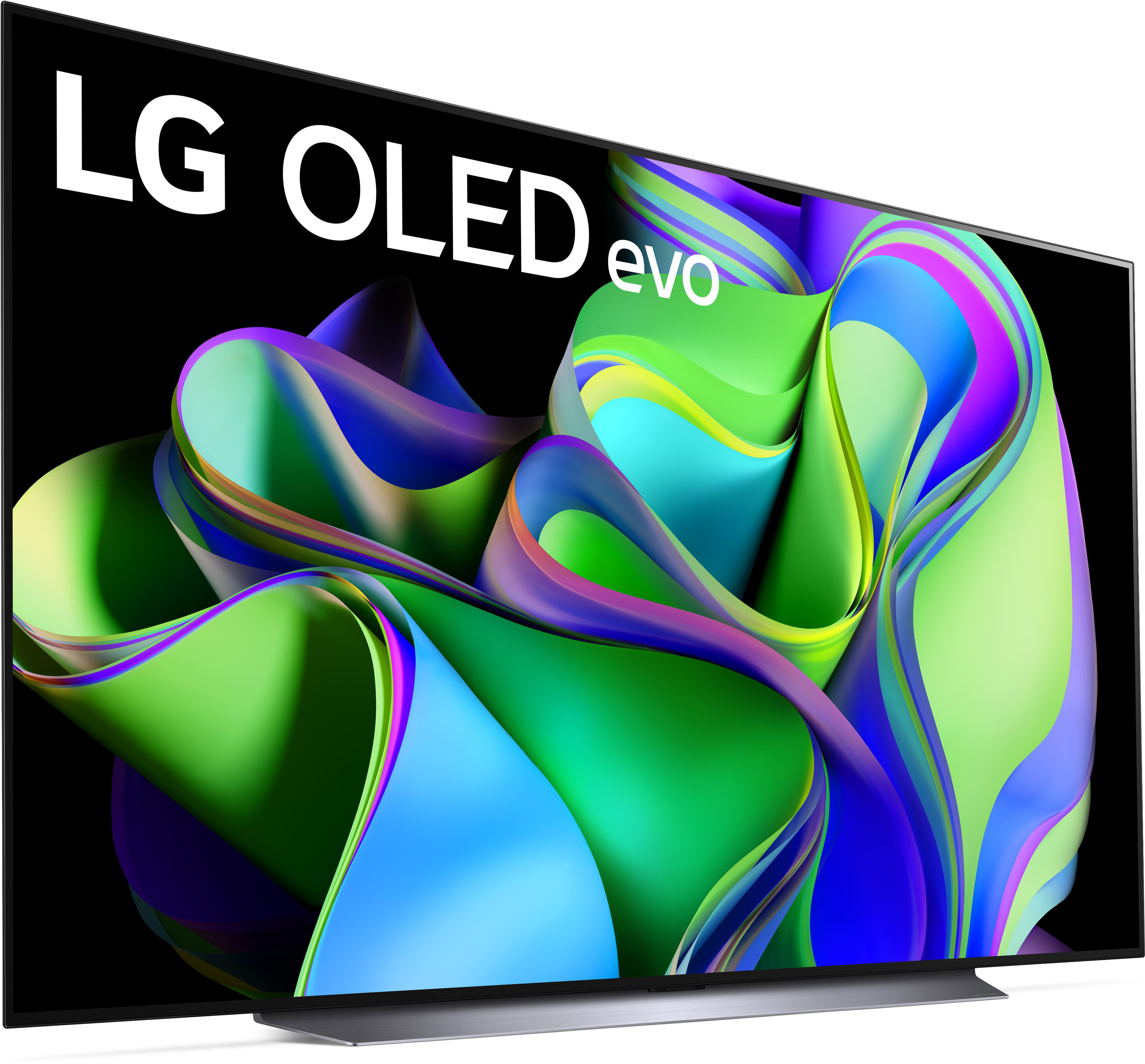 LG OLED evo TV-Bildschirm, der ein farbenfrohes, abstraktes Bild zeigt.