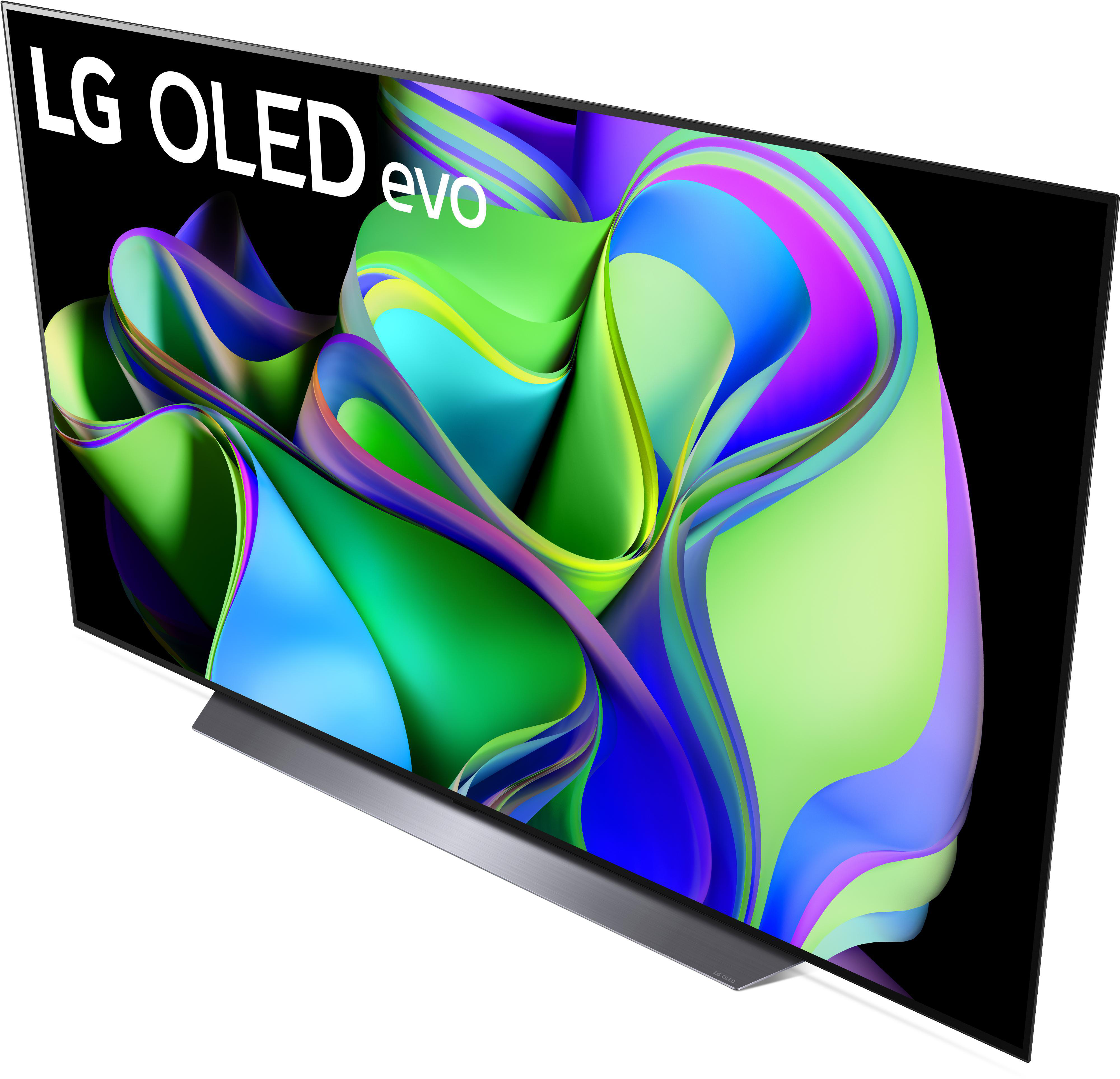 LG OLED evo TV mit buntem abstraktem Design auf dem Bildschirm. Schwarzer Rahmen und Ständer.