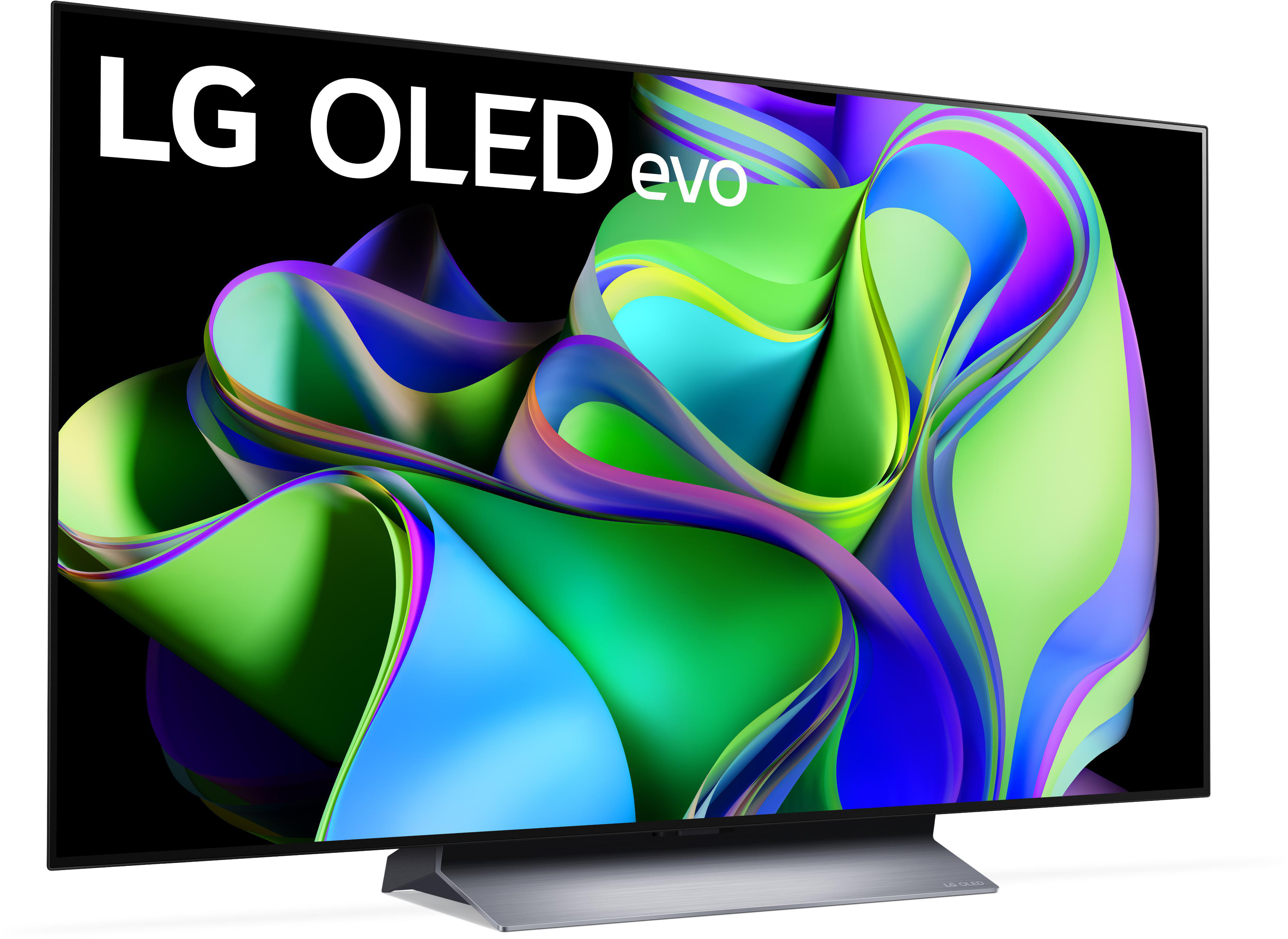 Ein LG OLED evo Fernseher. Der Bildschirm zeigt ein farbenfrohes, abstraktes Bild.