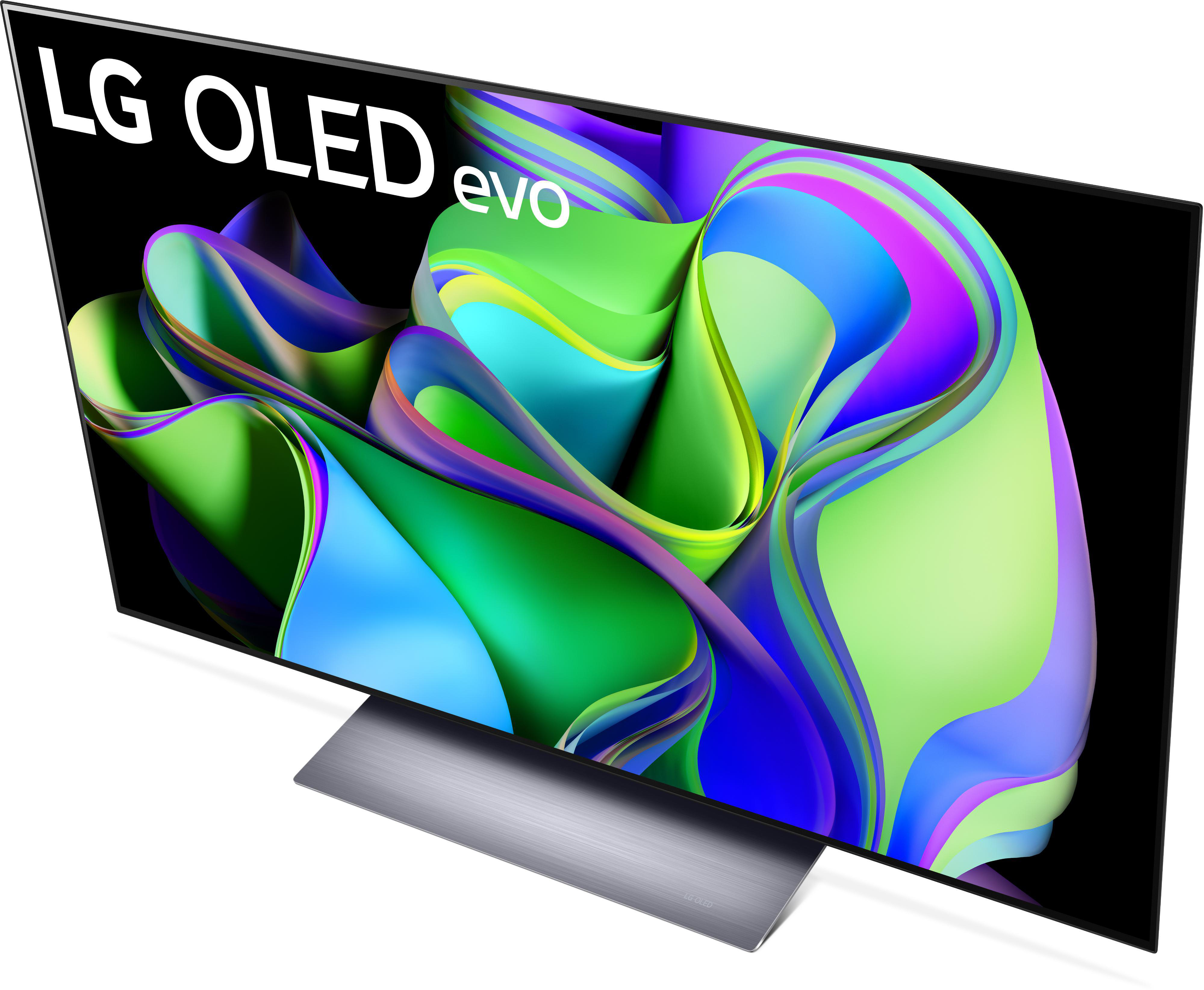 LG OLED evo TV, angewinkelt, zeigt farbenfrohes abstraktes Bild auf dem Bildschirm.