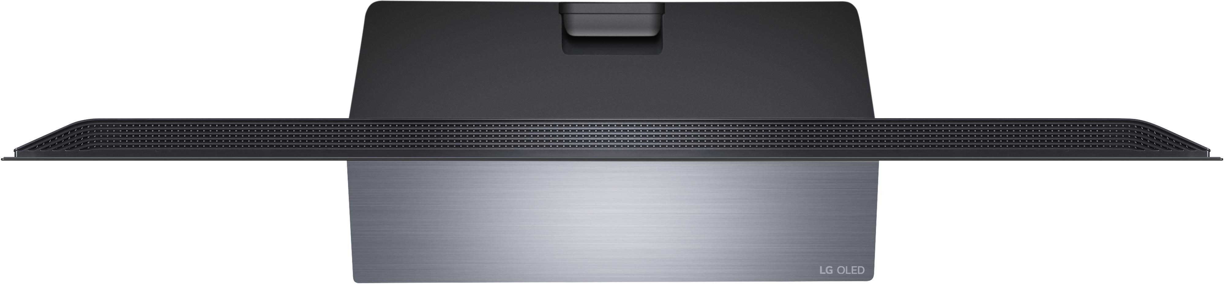 Draufsicht auf einen Fernseher, die Rückseite zeigend. LG OLED-Logo ist sichtbar.