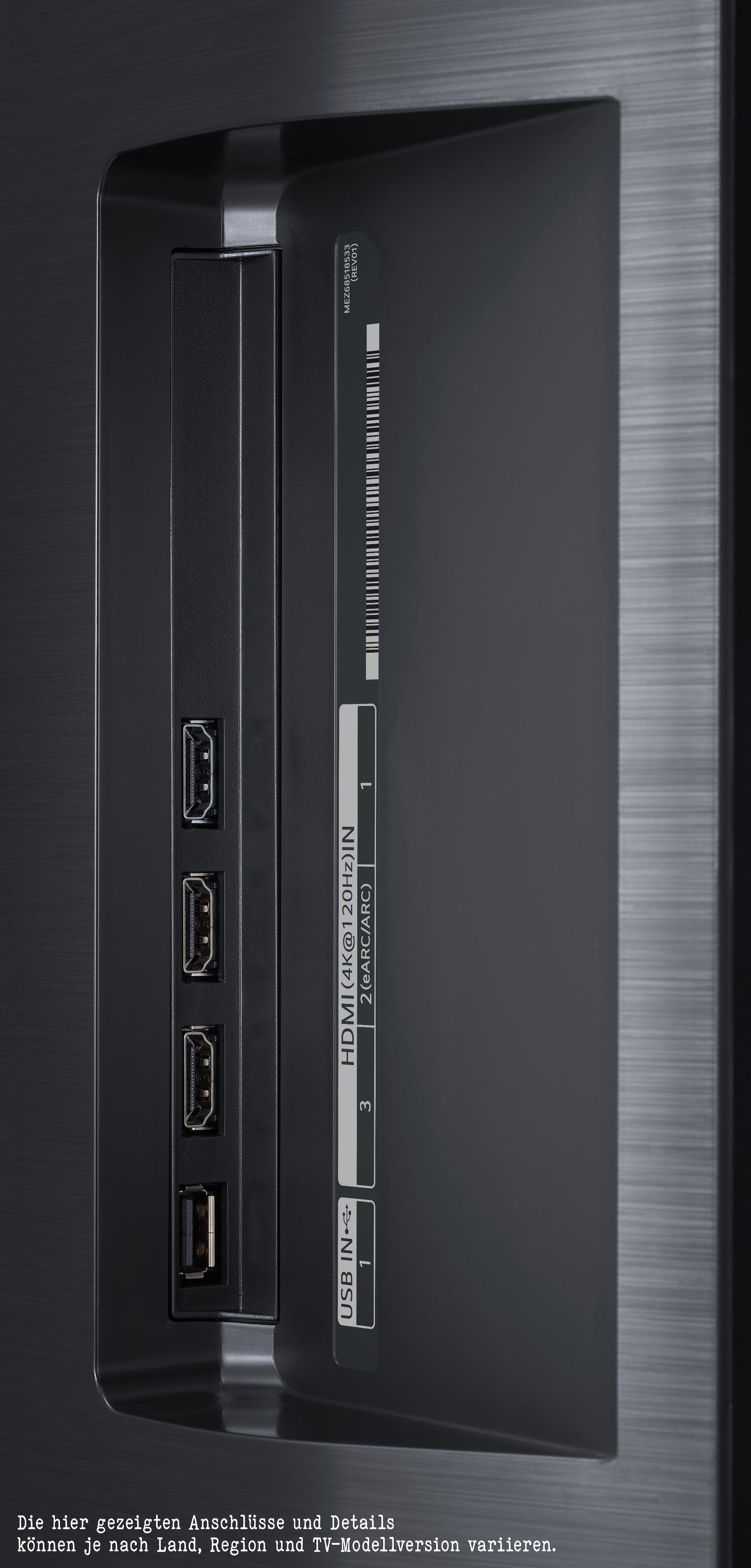 Rückseite eines Fernsehers mit Anschlüssen, USB und HDMI. Seriennummer und Barcode sichtbar.