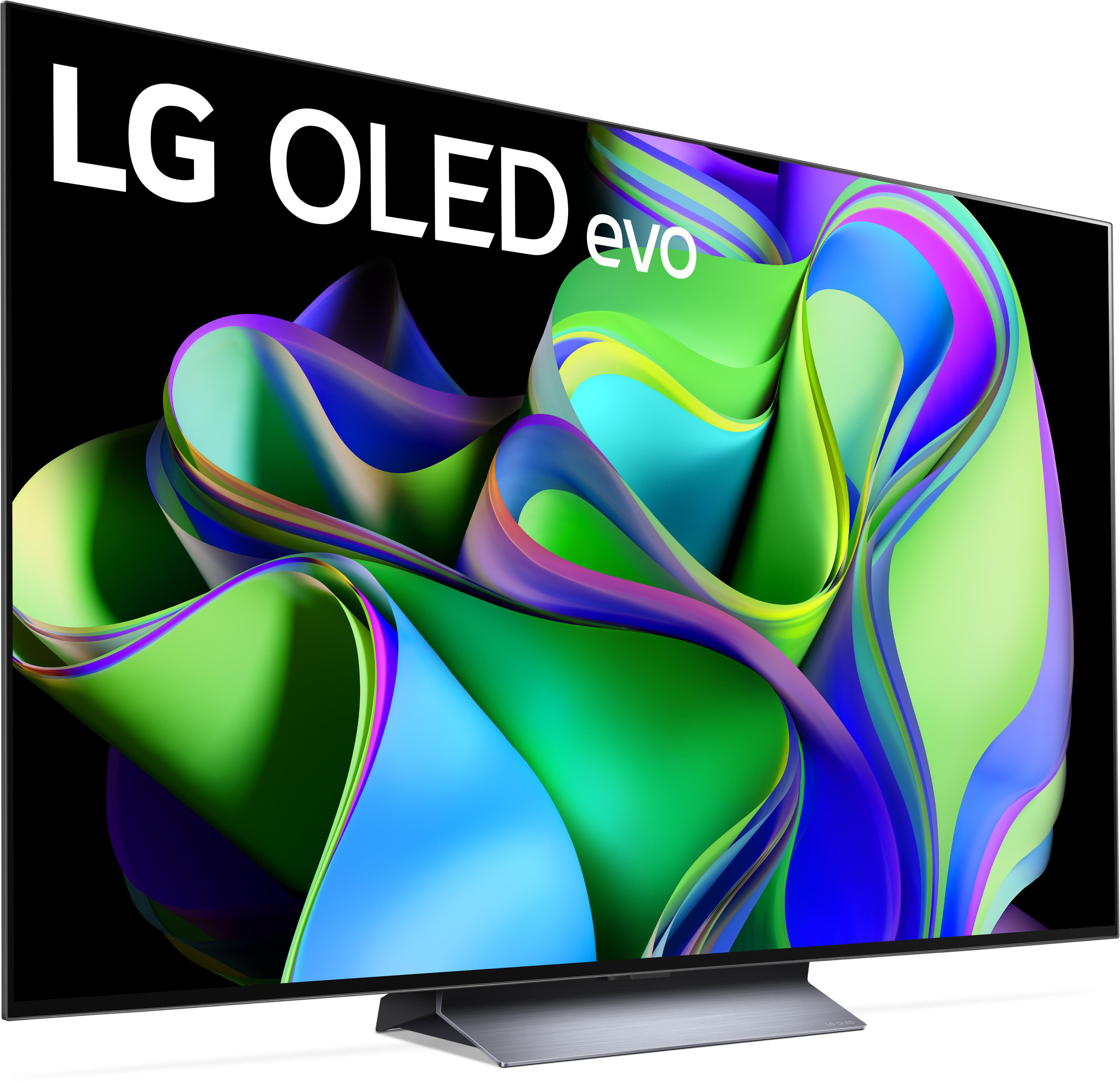 LG OLED evo Fernseher mit buntem abstraktem Hintergrund, auf silbernem Ständer.